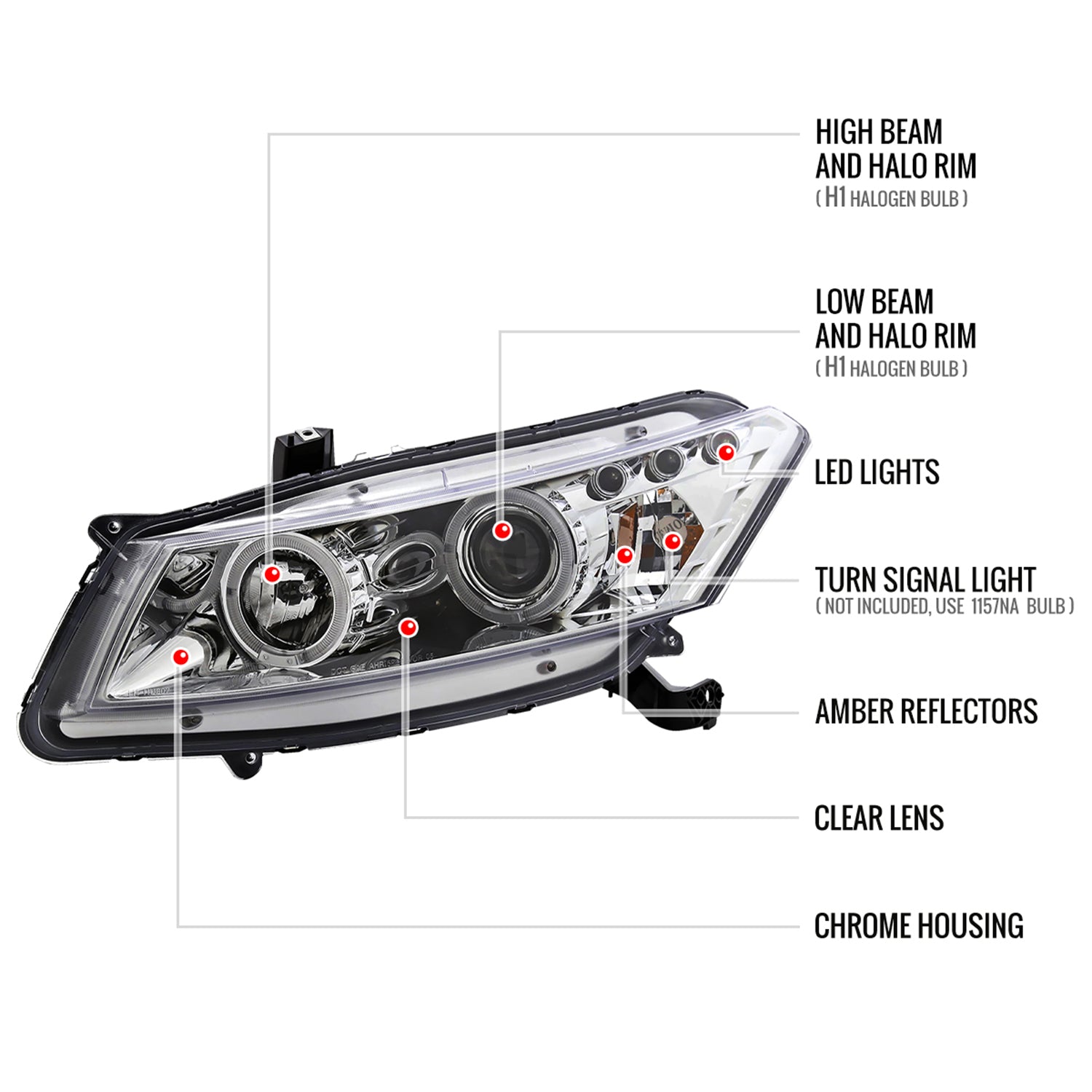 2008-2012 Honda Accord Coupe Dual Halo Projector Headlights Chrome/Clear Lens