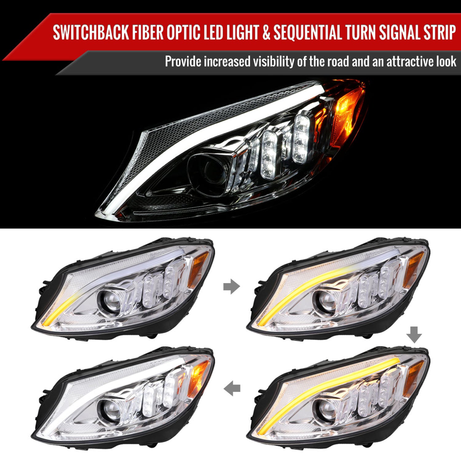 2015-2018 Mercedes-Benz C-Class W205 Turn Signal Projector Headlights Chrome