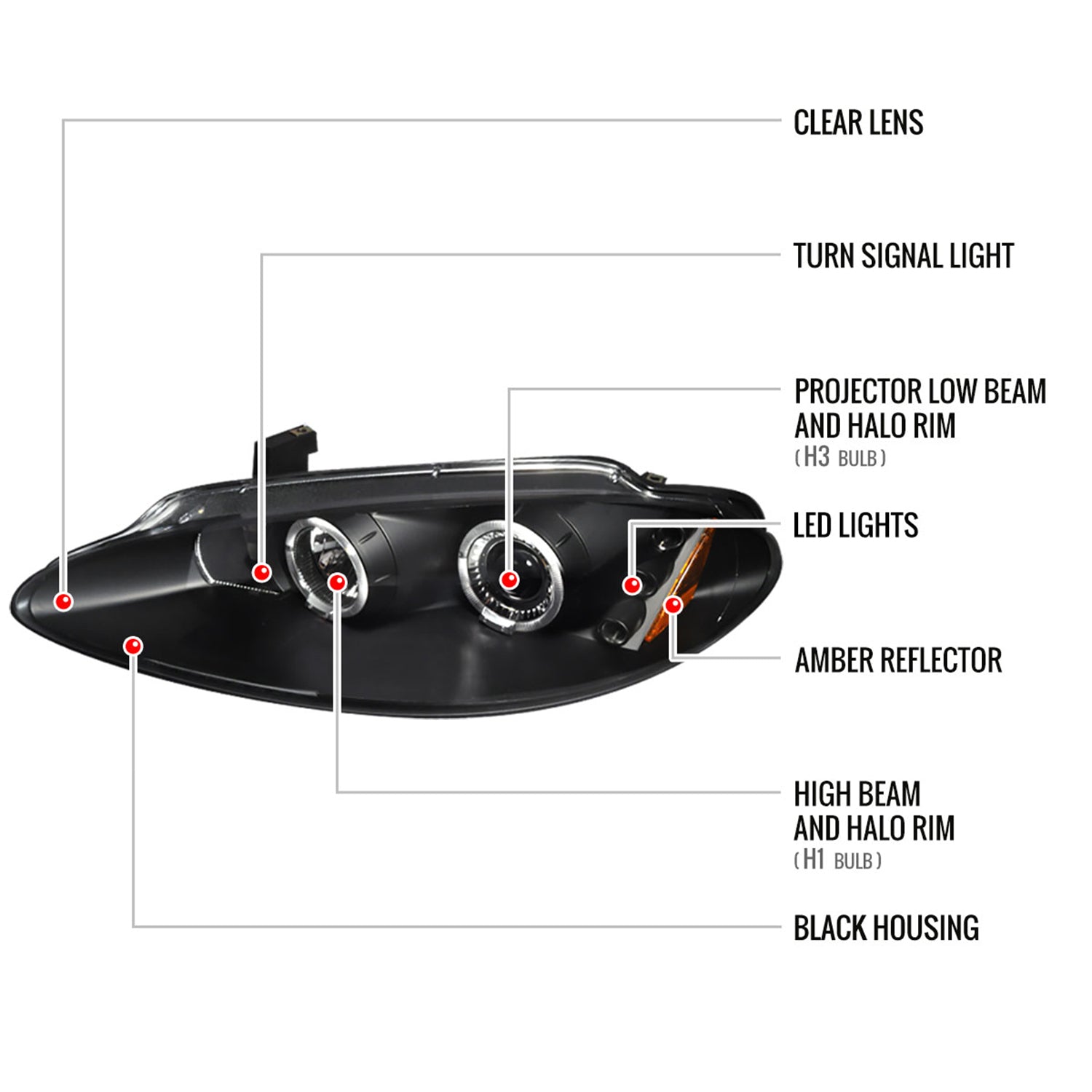 1998-2004 Dodge Intrepid Dual Halo Projector HeadLights Matte Black/Clear Lens