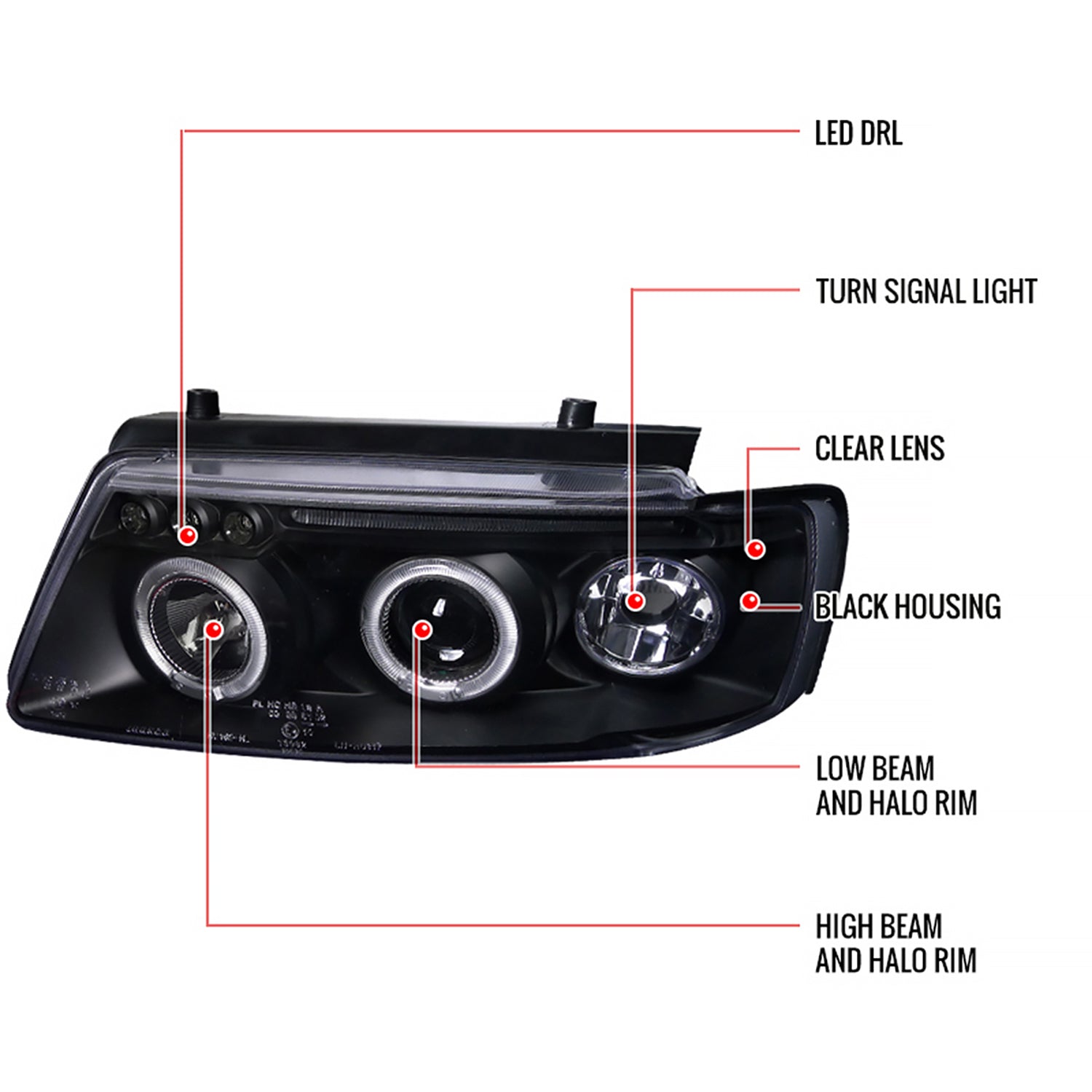 1997-2000 VW Passat Dual Halo Projector Headlights Matte Black/Clear Lens