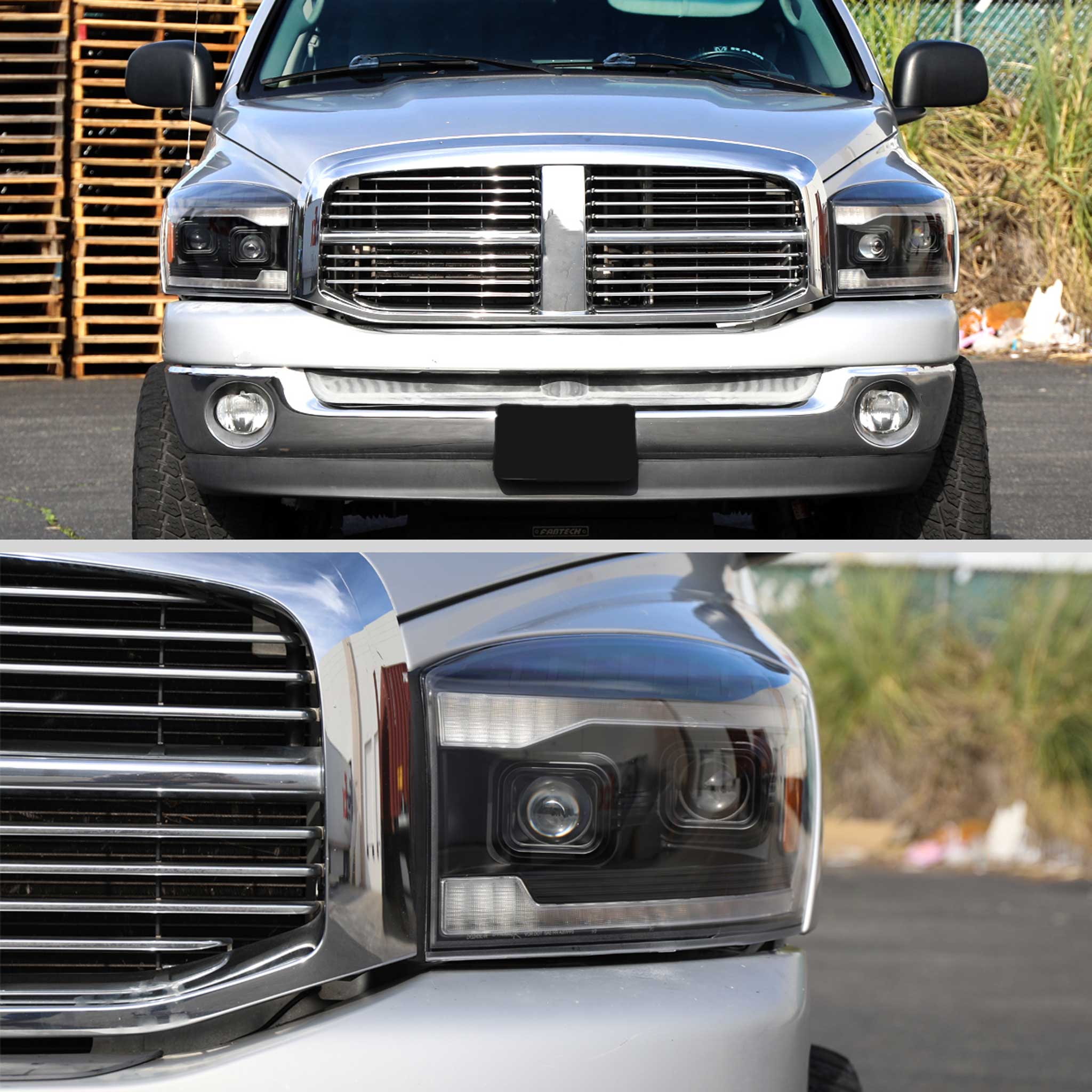 For Dodge RAM 1500 2006-08 / RAM 2500 3500 2006-09 Headlights Switchback Amber LED Strips Turn Signals DRL Black Housing Clear Lens