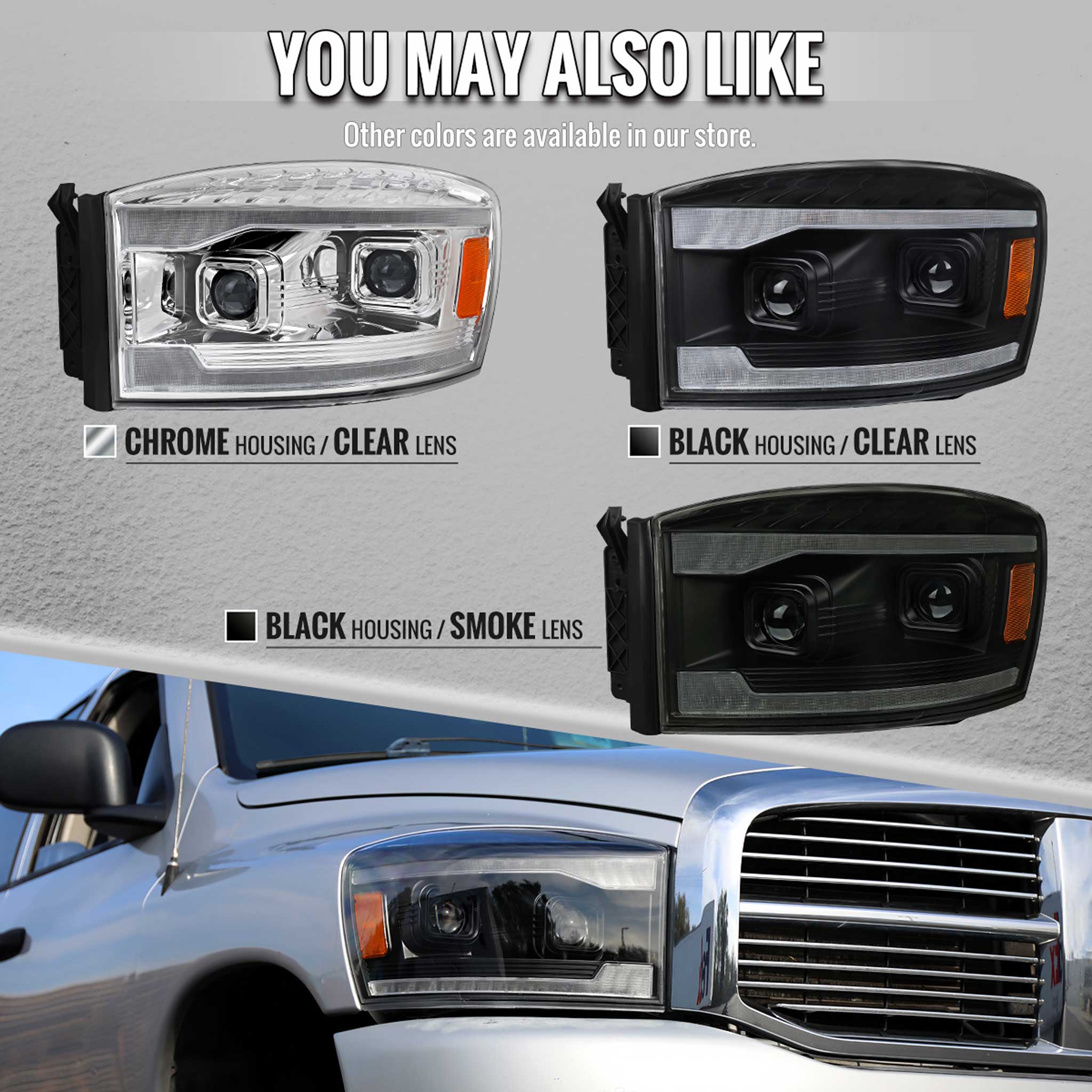 For Dodge RAM 1500 2006-08 / RAM 2500 3500 2006-09 Headlights Switchback Amber LED Strip Turn Signals DRL Black Housing Smoked Lens