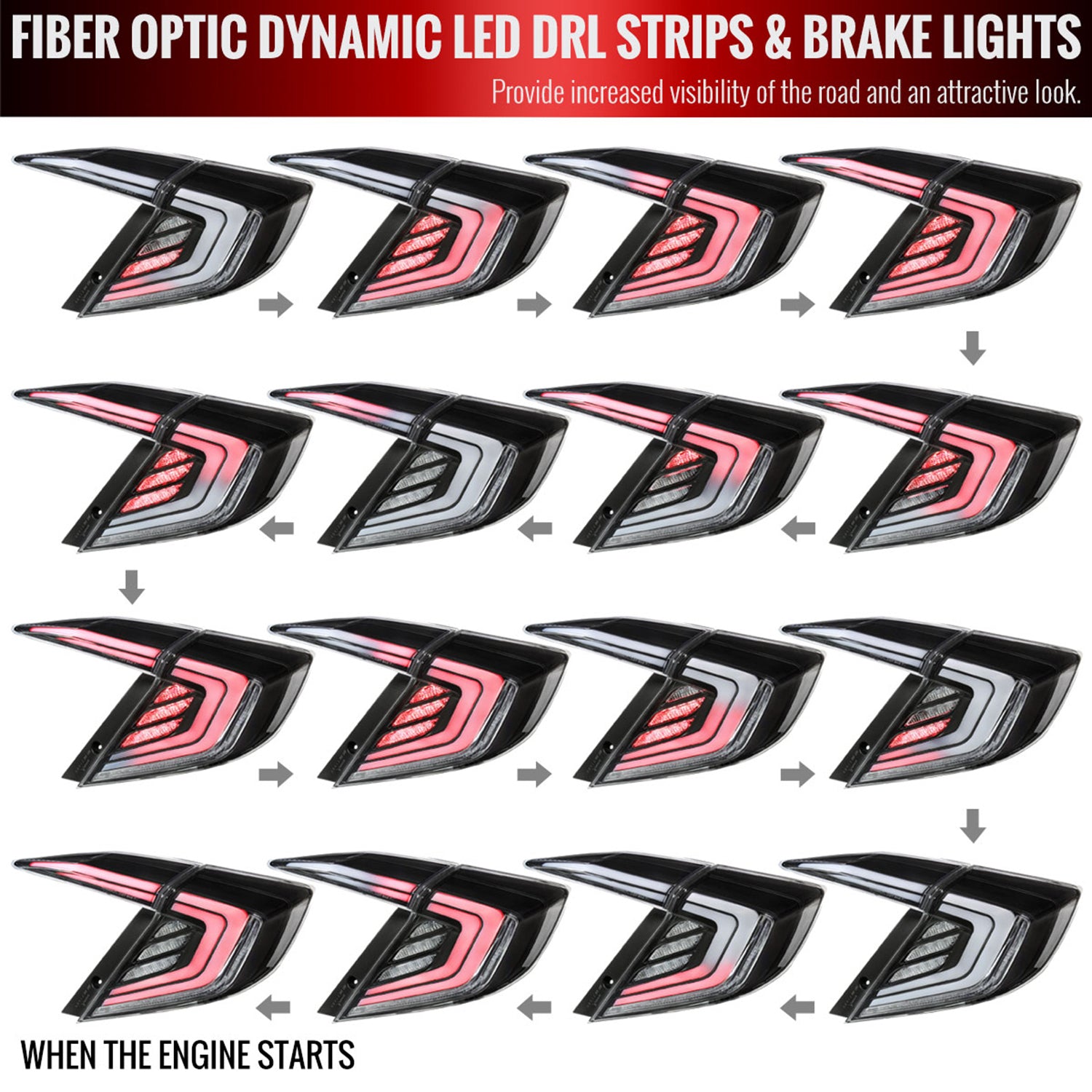 2016-2021 Honda Civic 4DR Sedan White LED Tail Lights Signal Lamps Matt Black