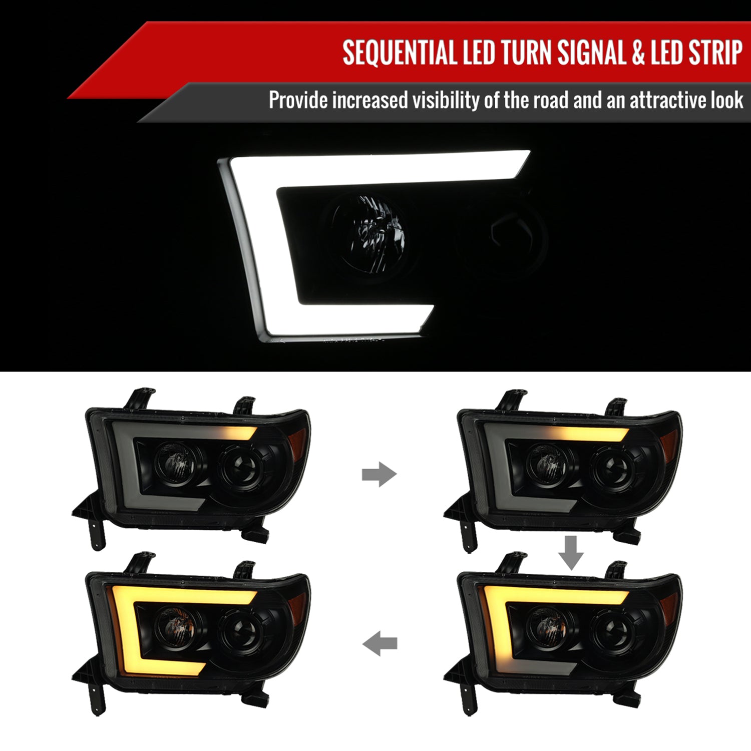 2007-2013 Toyota Tundra/ 08-2017 Sequoia LED CBar Projector Headlights Black