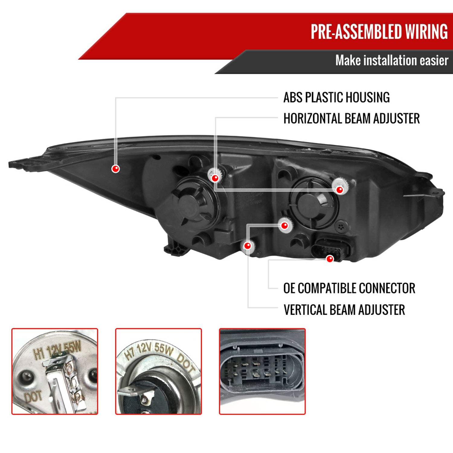 2012-2014 Ford Focus Projector Headlights LED Light & Turn Signal Lights Black