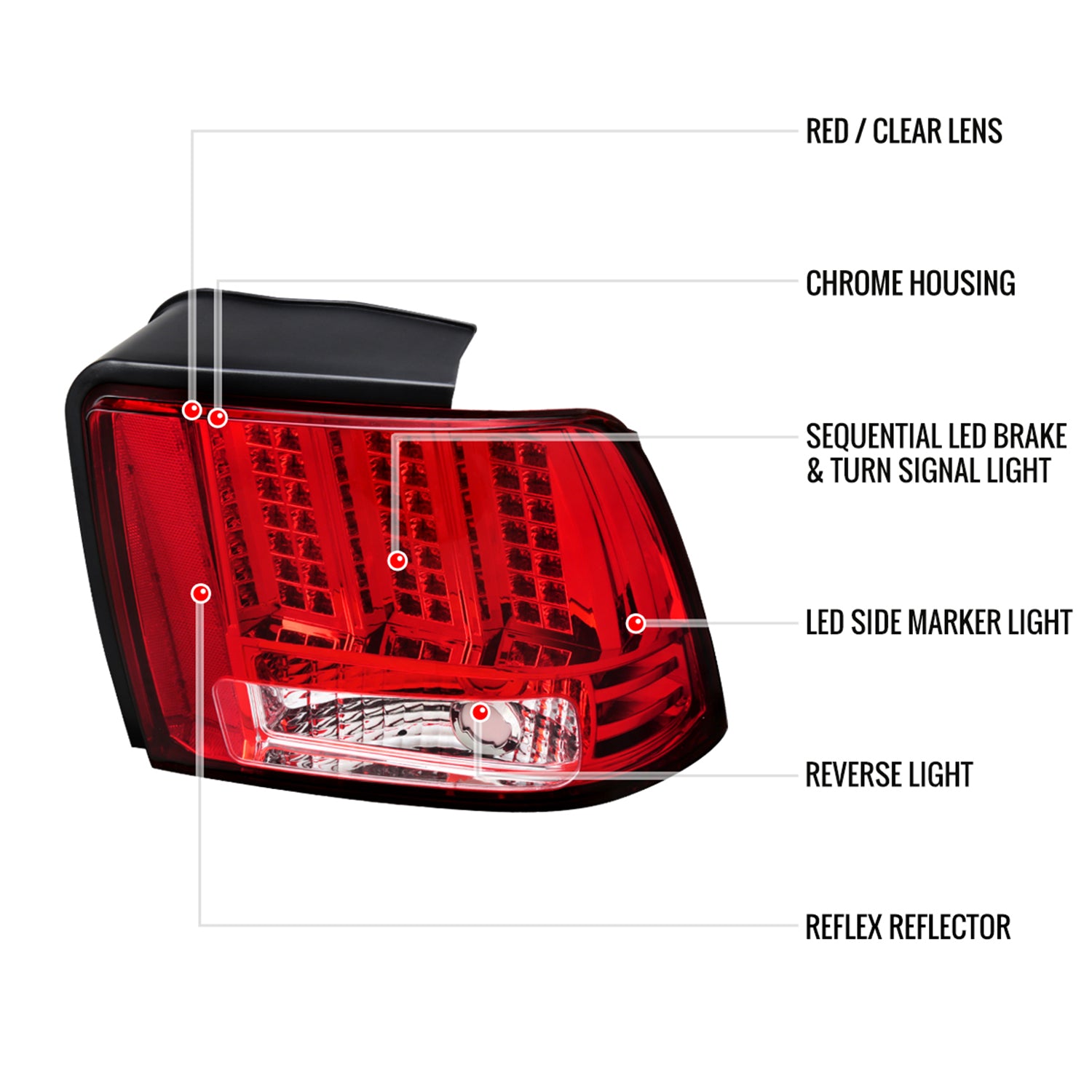 1999-2004 Ford Mustang Sequential LED Tail Lights - RS Chrome/Red Lens