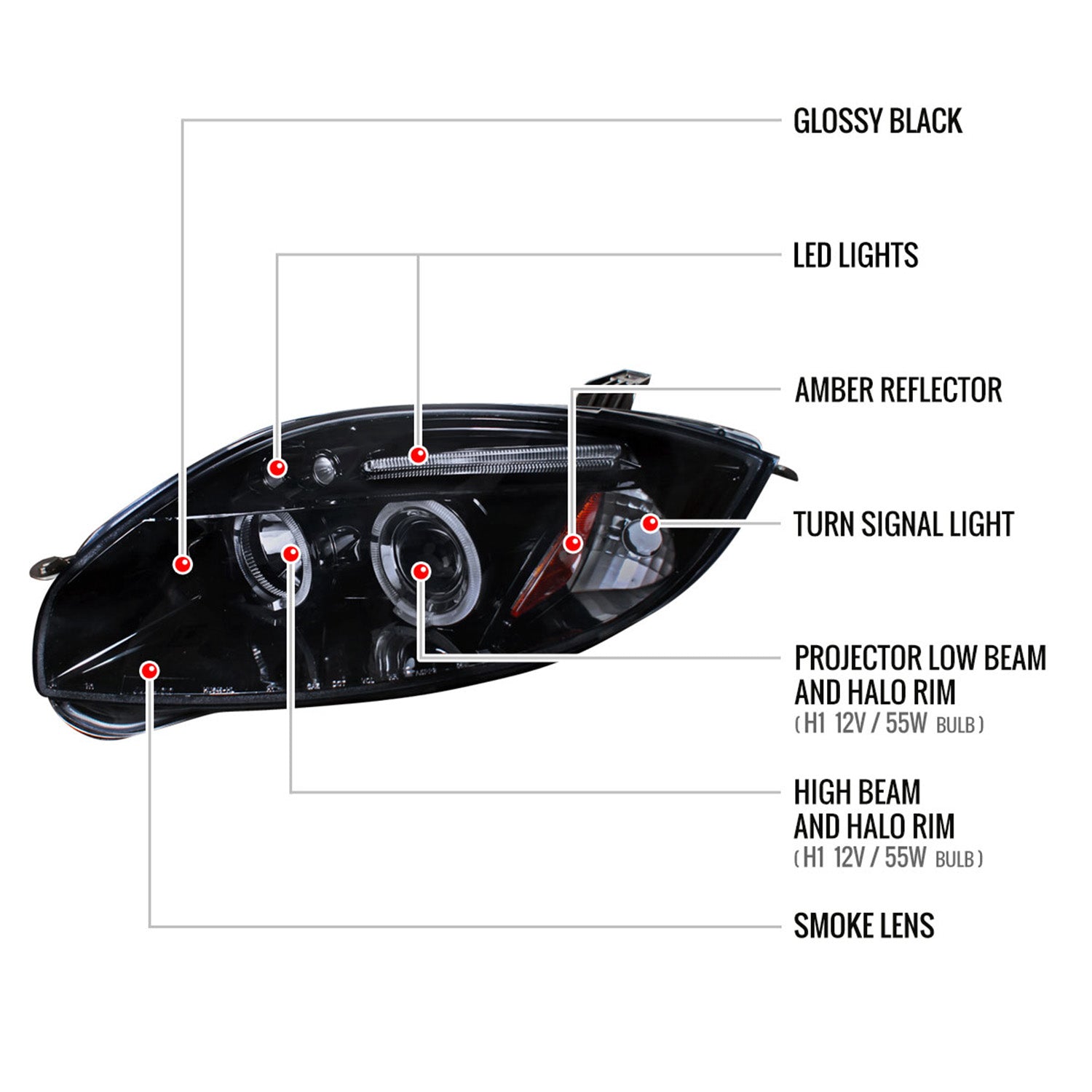 2006-2011 Mitsubishi Eclipse Dual Halo Projector Headlights Glossy Black/Smoke