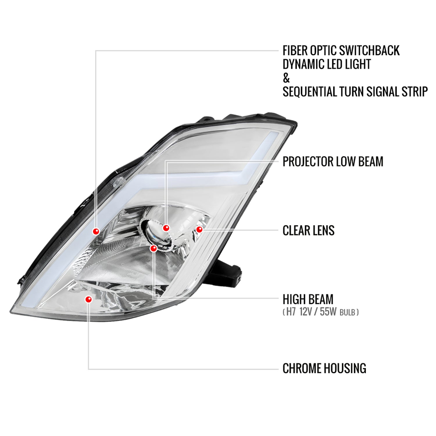 2003-2005 Nissan 350Z Signal Animated LED Bar Projector Headlights Chrome
