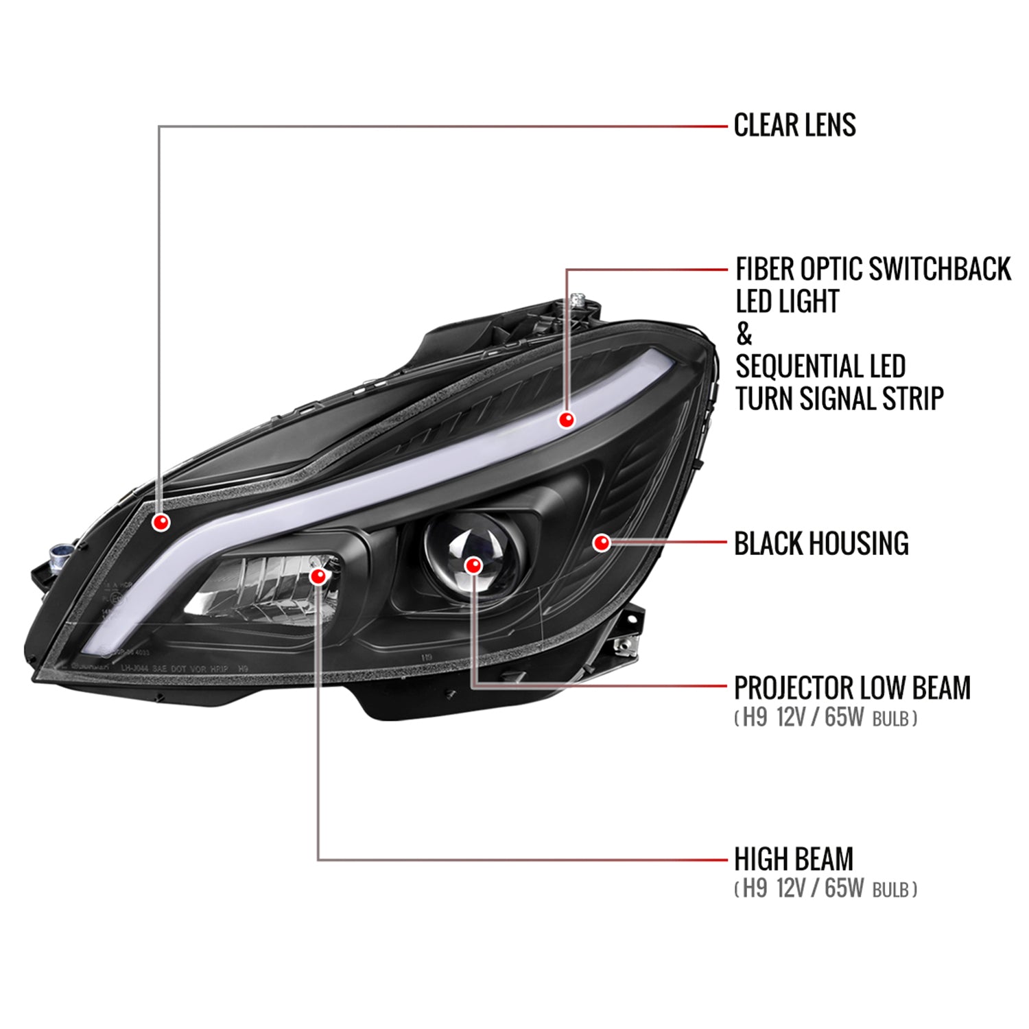 2012-2014 Mercedes-Benz W204 C-Class LED Bar Projector Headlights Black
