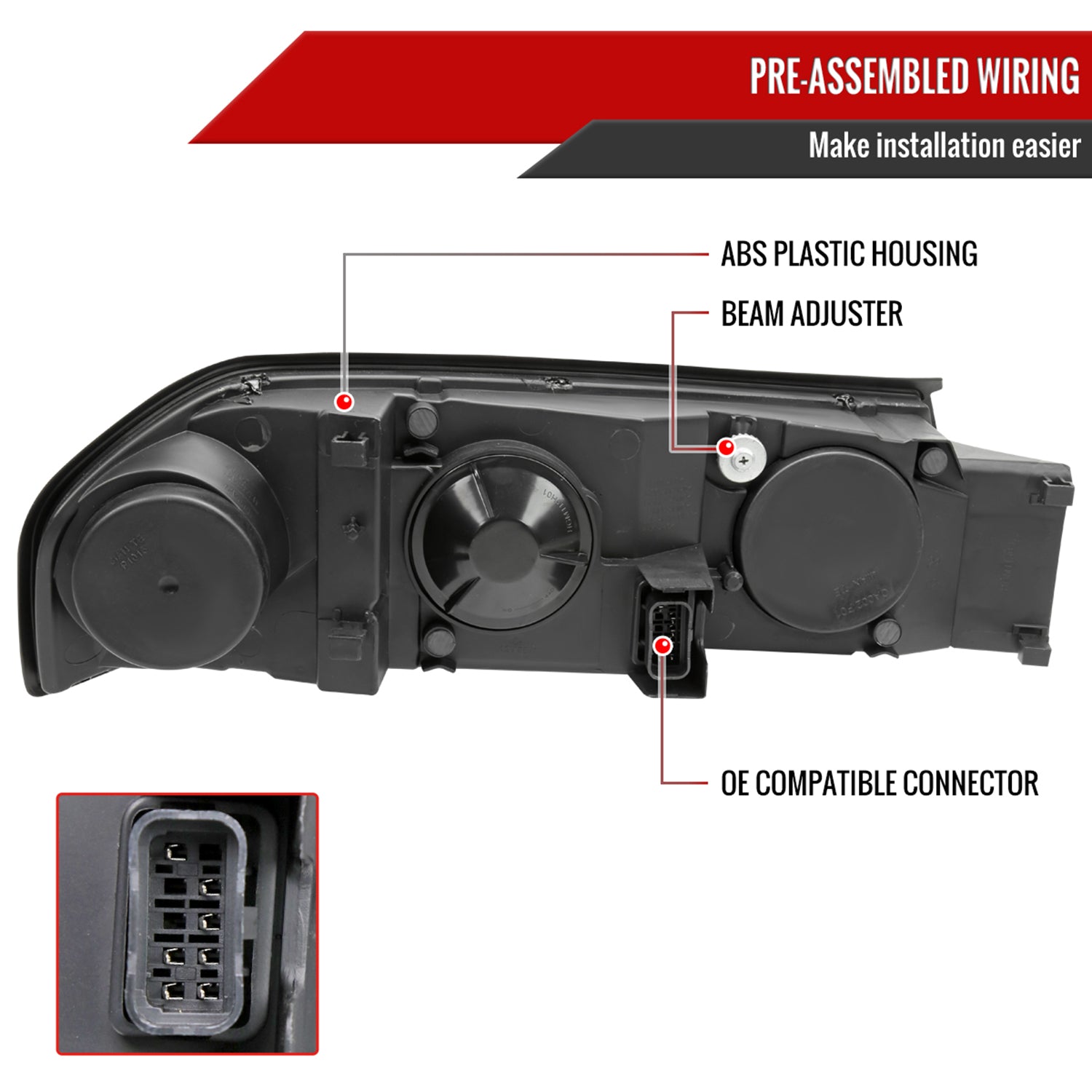 2000-2005 Chevy Impala LED Bar Factory Style Headlights Matte Black/Clear Lens