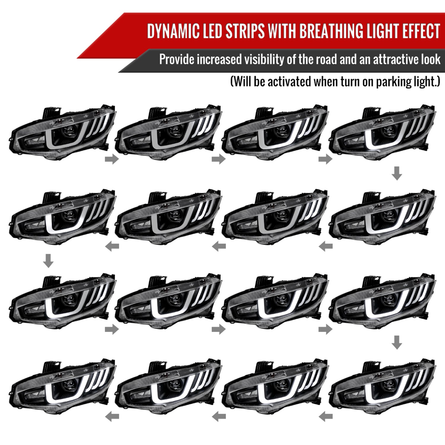 2016-2021 Honda Civic Full LED Projector Headlights Turn Signal Black