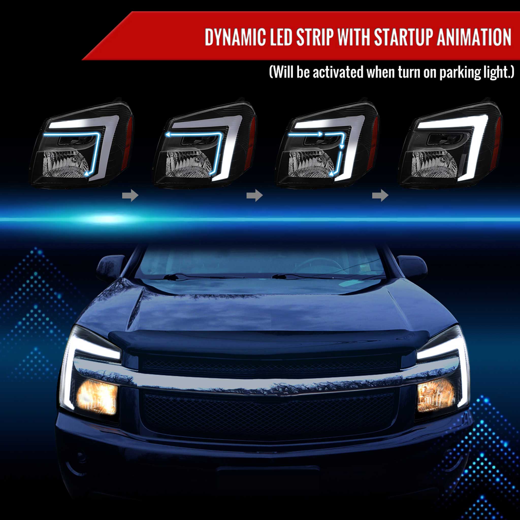 For Chevrolet Equinox 2005-2009 Headlights Switchback LED Bar Turn Signal Matte Black Housing Clear Lens