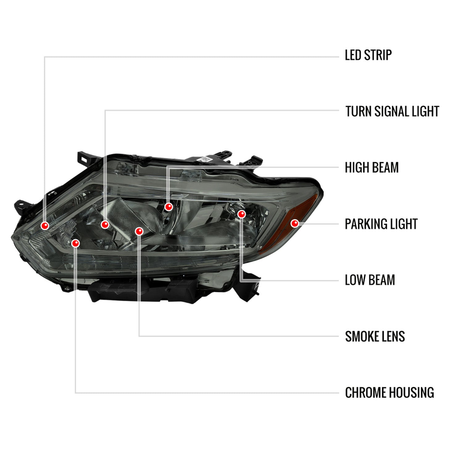 2014-2016 Nissan Rogue LED Strip Factory Style Headlights Chrome/Smoke Lens