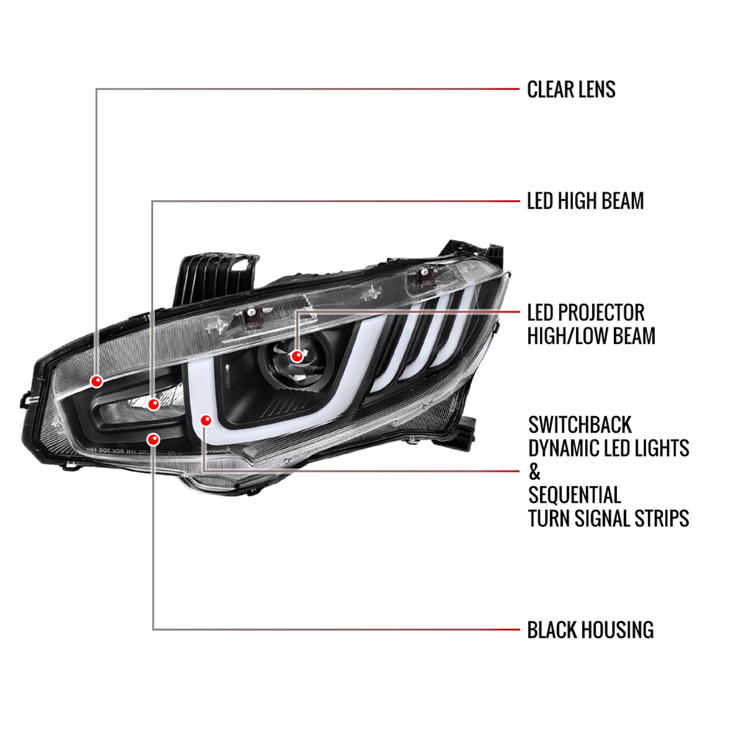 2016-2021 Honda Civic LED Headlights LED Sequential Turn Signal Matt Black