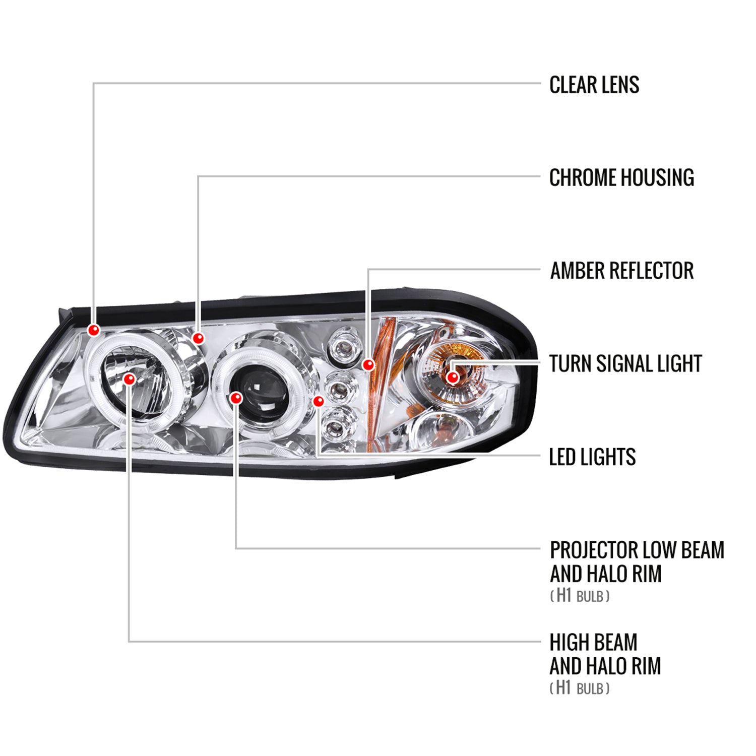 2000-2005 Chevy Impala Dual Halo Projector Headlights Chrome/Clear Lens