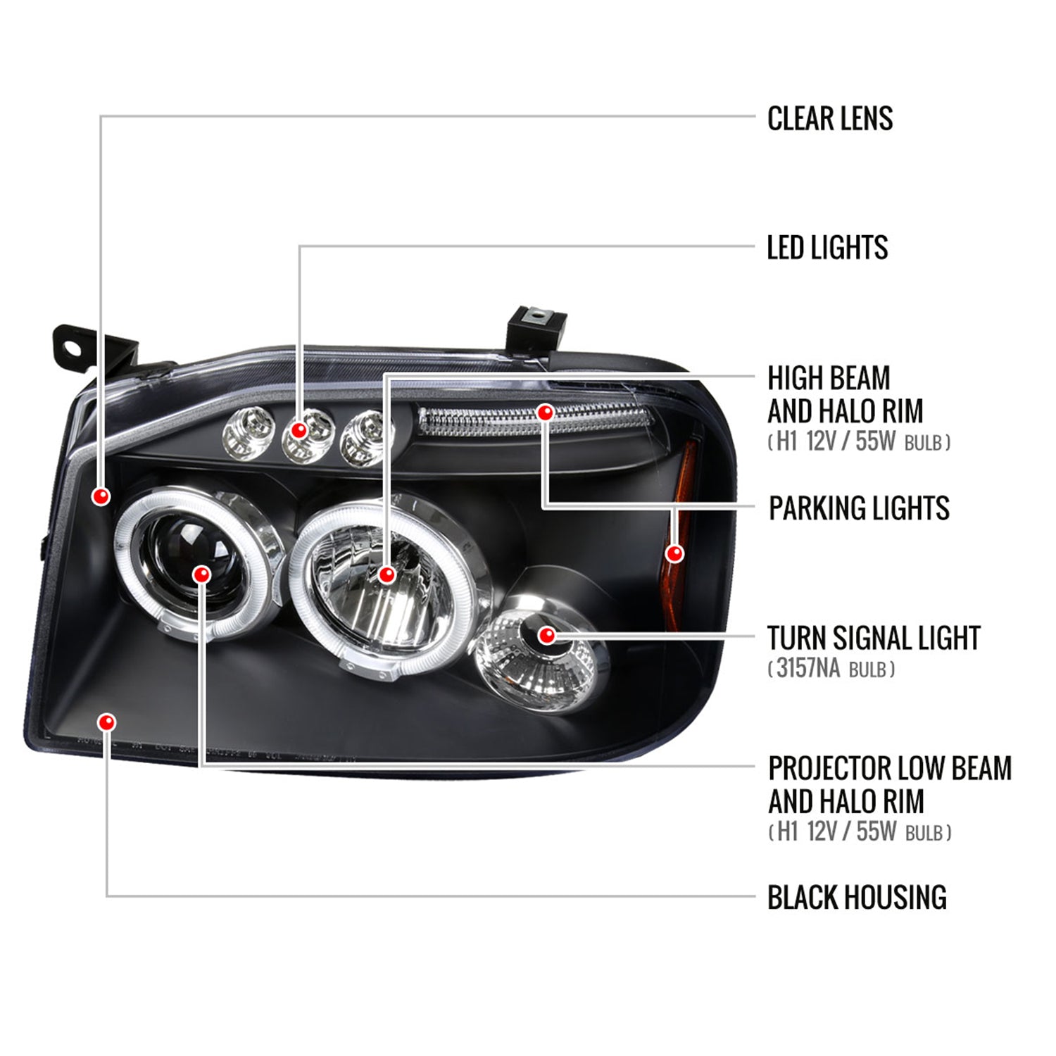 2001-2004 Nissan Frontier Dual Halo Projector Headlights Matte Black/Clear