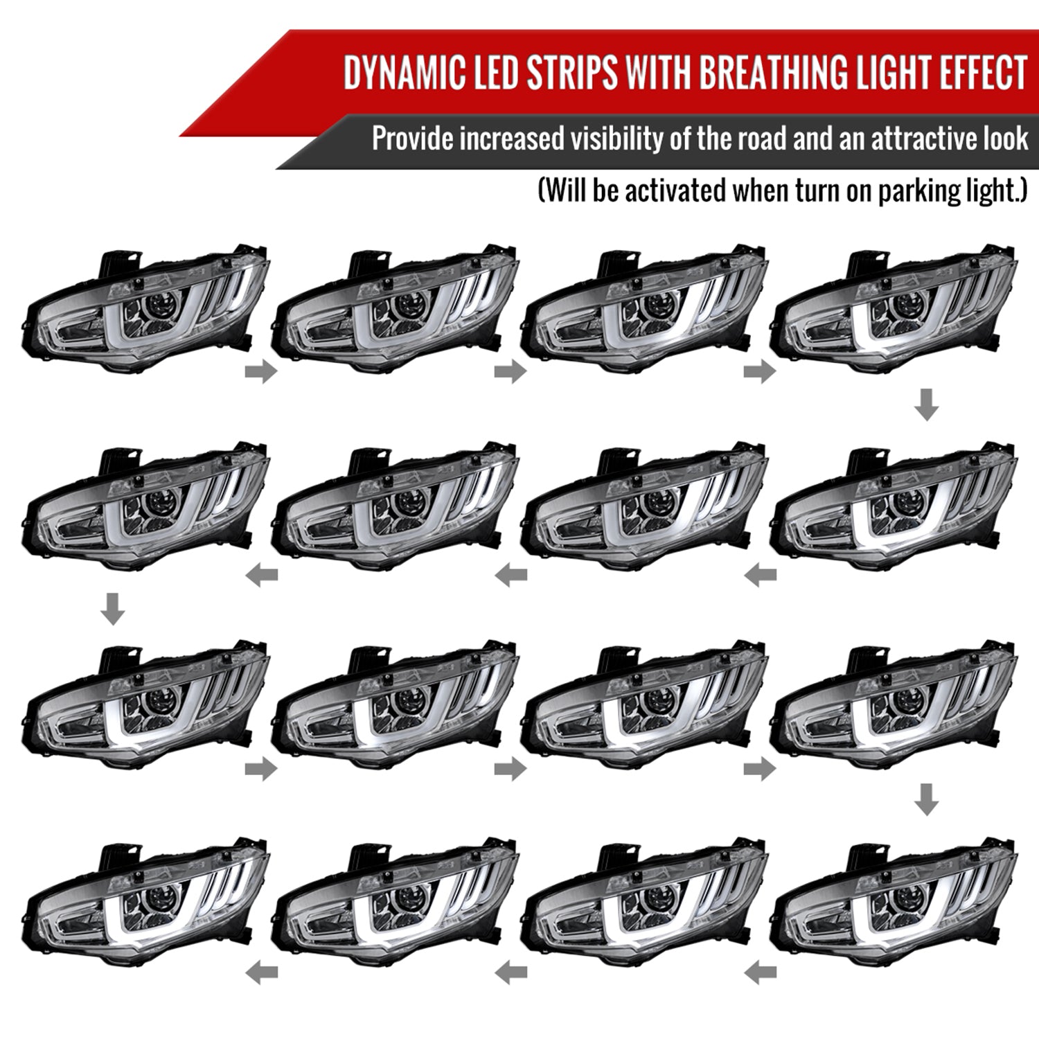 2016-2021 Honda Civic Projector Headlights LED Sequential Turn Signal Chrome