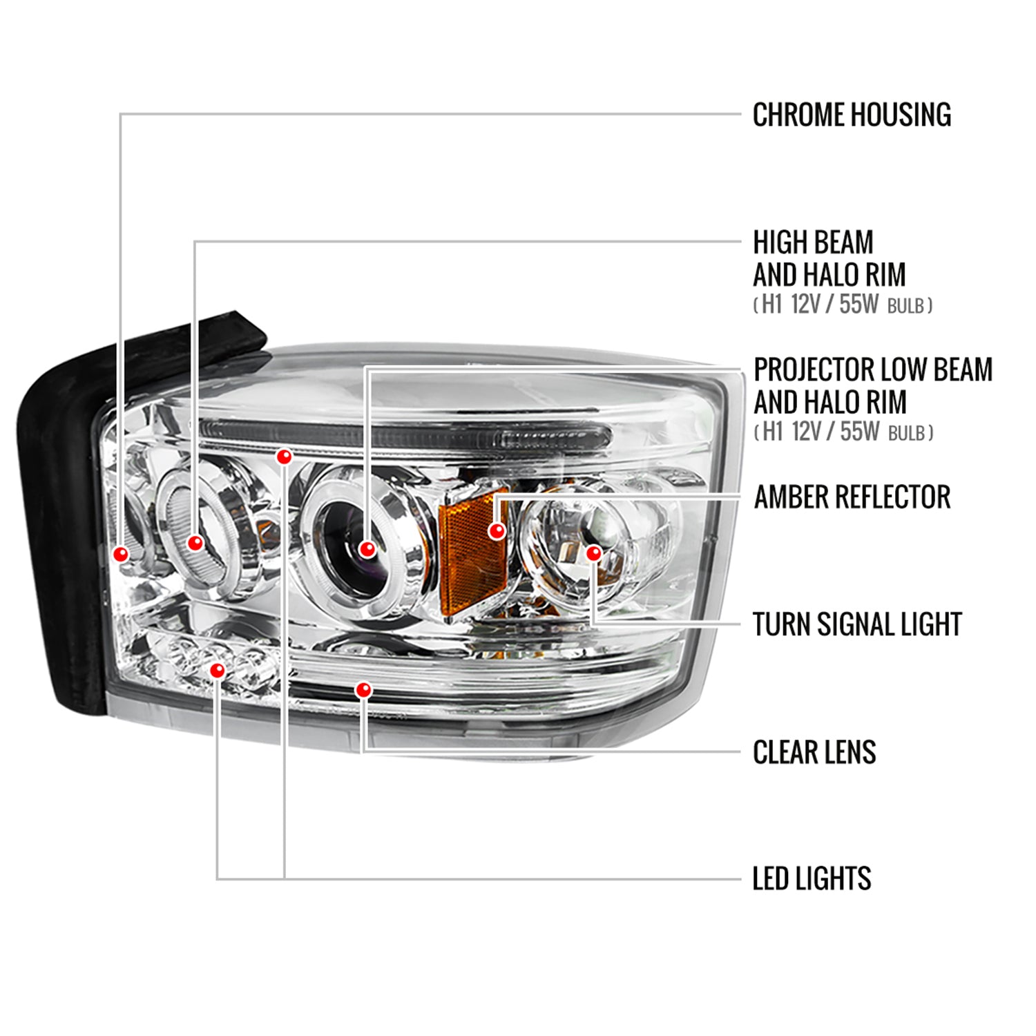 2005-2007 Dodge Dakota Dual Halo Projector Headlights Chrome/Clear Lens