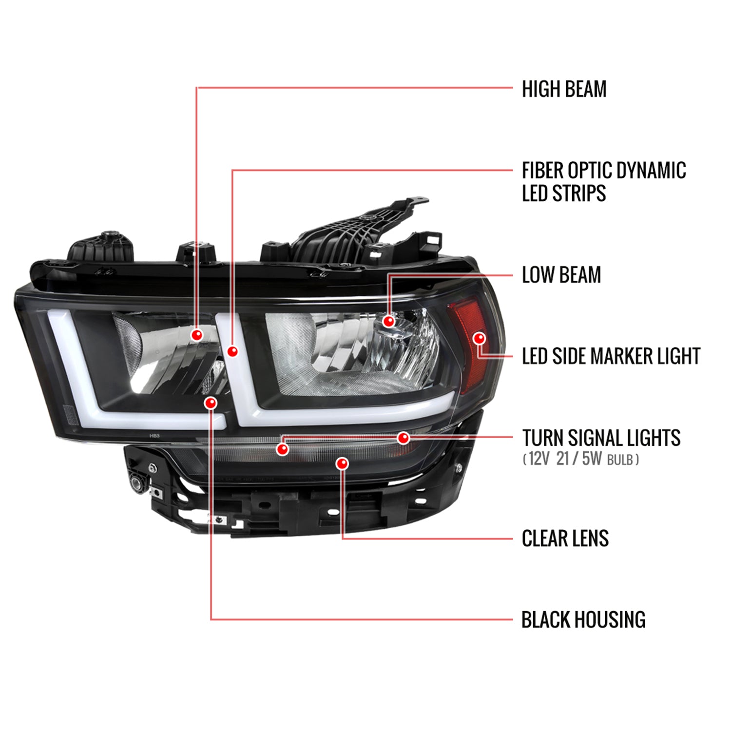 2019-2024 Dodge RAM 2500/3500/4500/5500 LED Bar Factory Headlights Matt Black