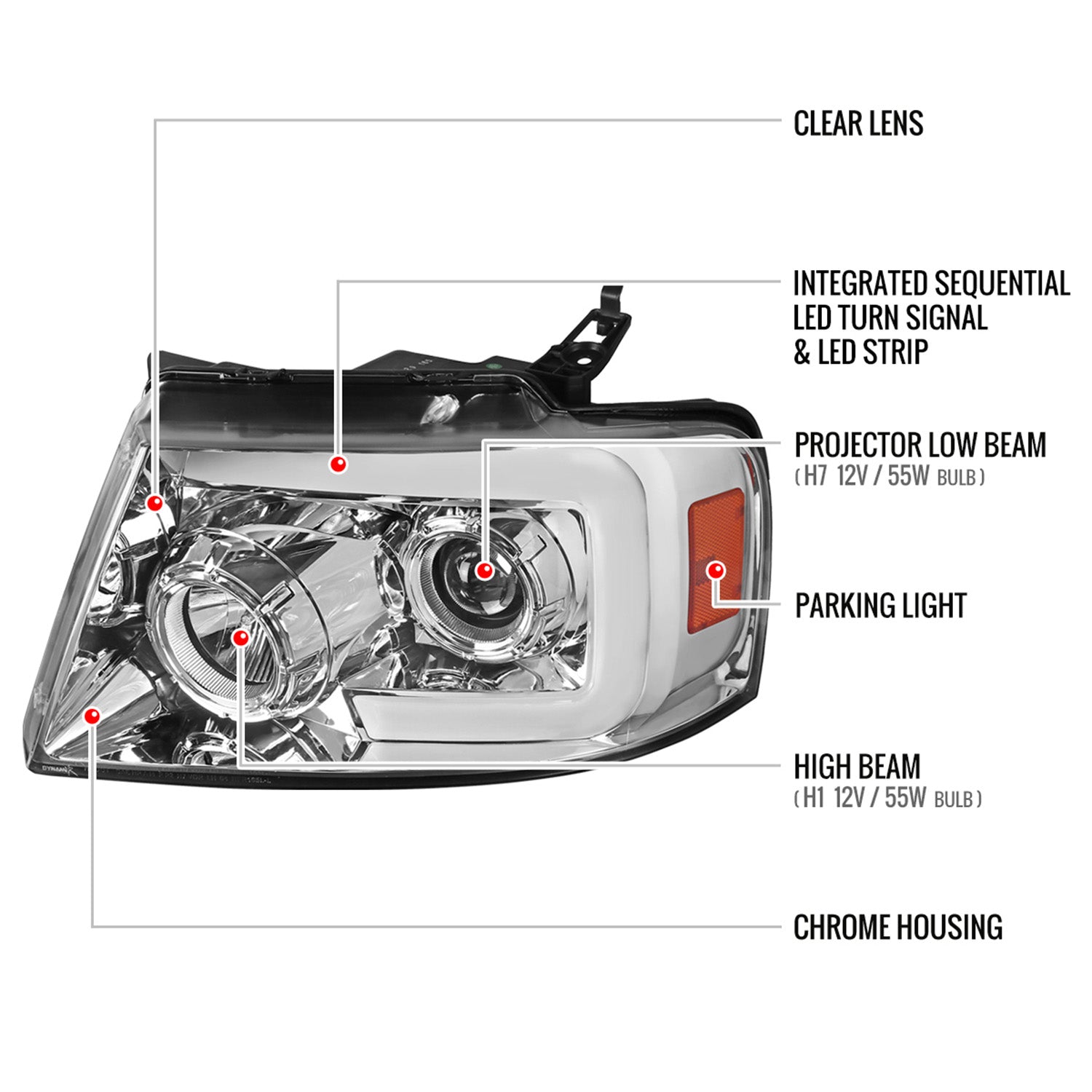 2004-2008 Ford F-150/ 06-2008 Lincoln Mark LT LED Switchback Headlights Chrome