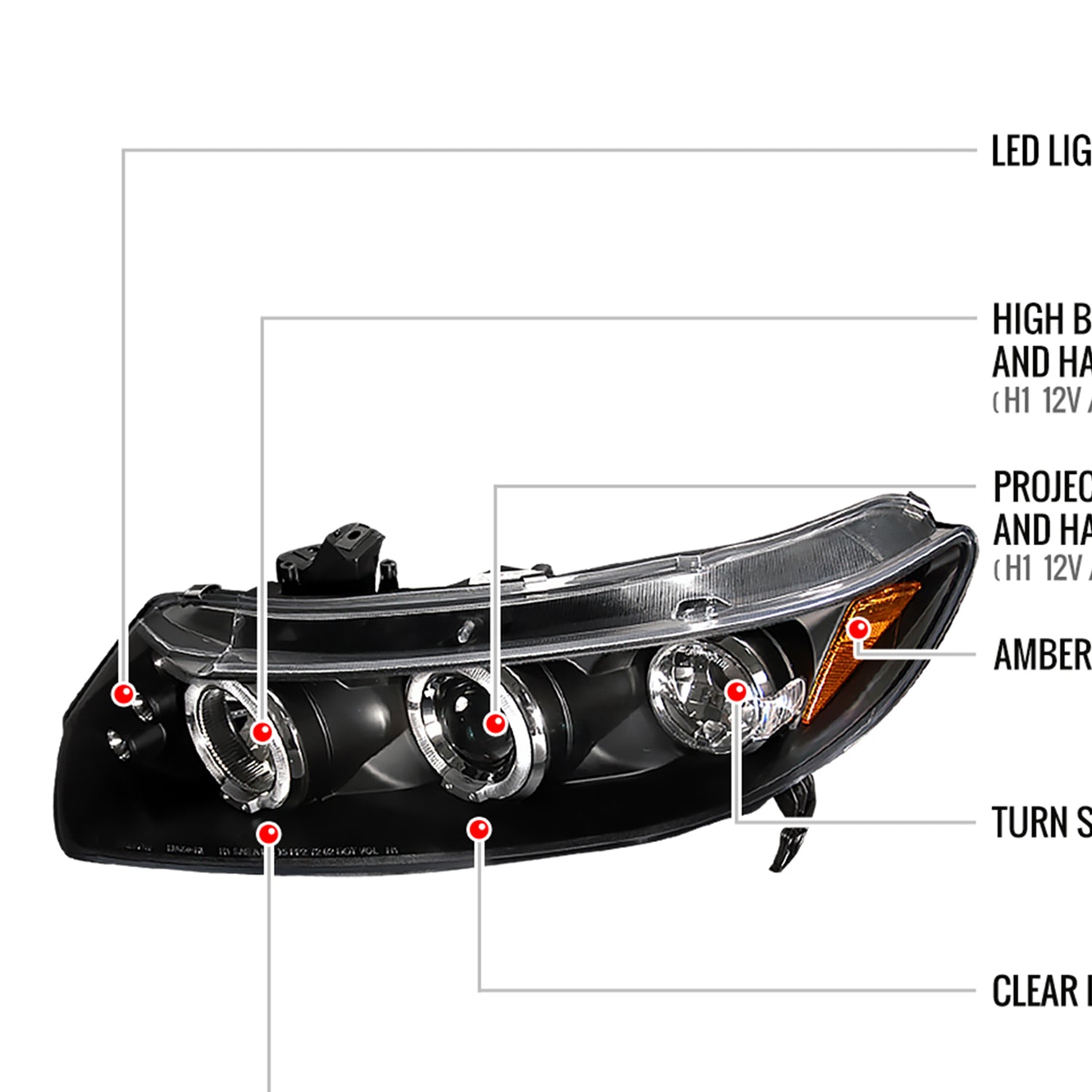 2006-2011 Honda Civic Coupe Dual Halo Projector Headlights Matte Black/Clear