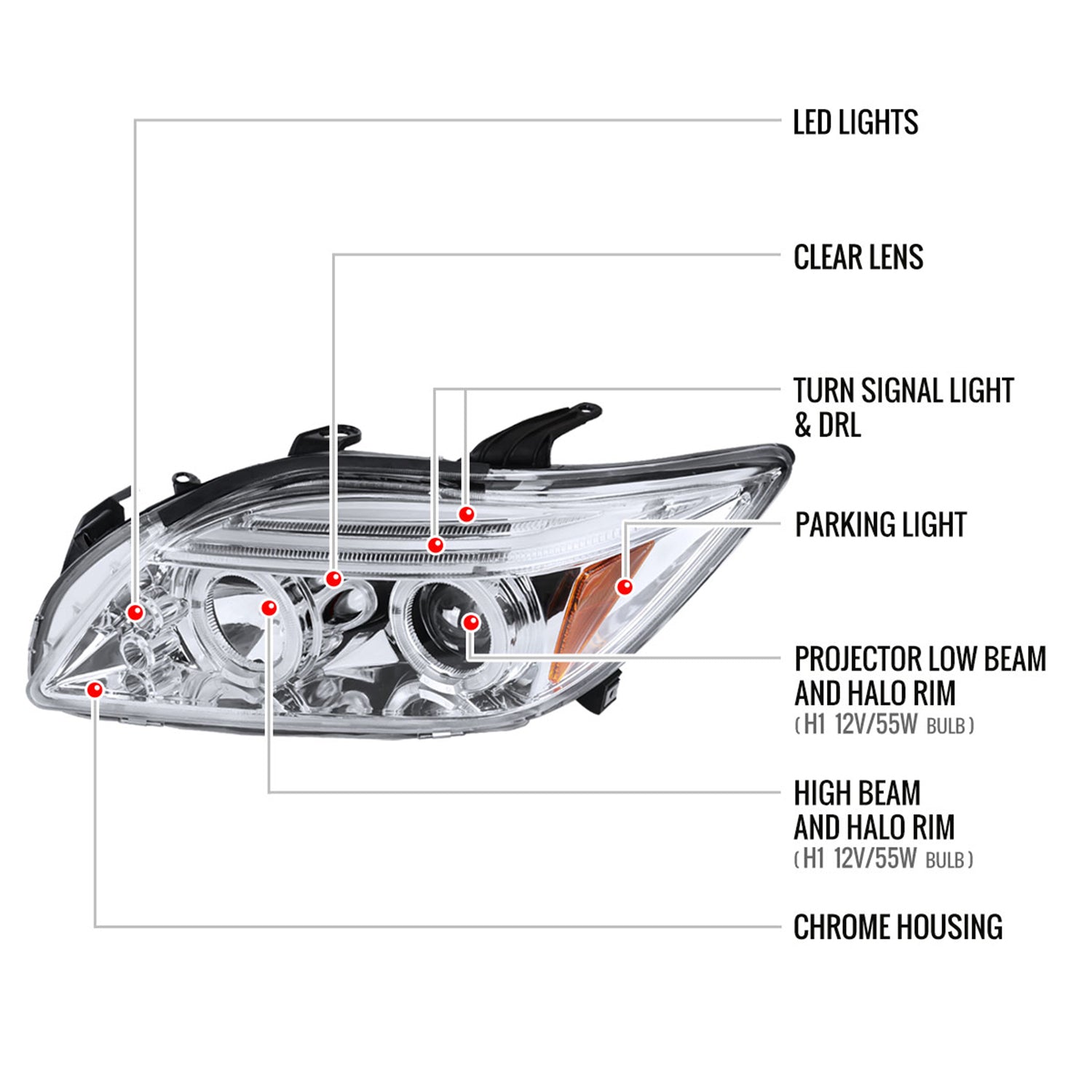 2005-2010 Scion tC Dual Halo Projector Headlights Chrome Housing/Clear Lens
