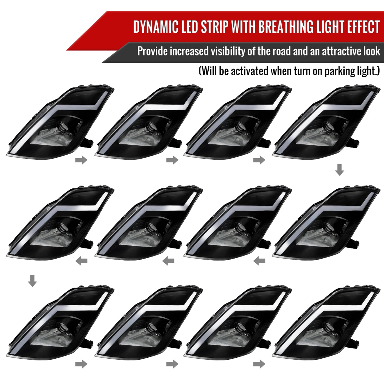 2003-2005 Nissan 350Z Turn Signal Animated LED Bar Projector Headlights Black