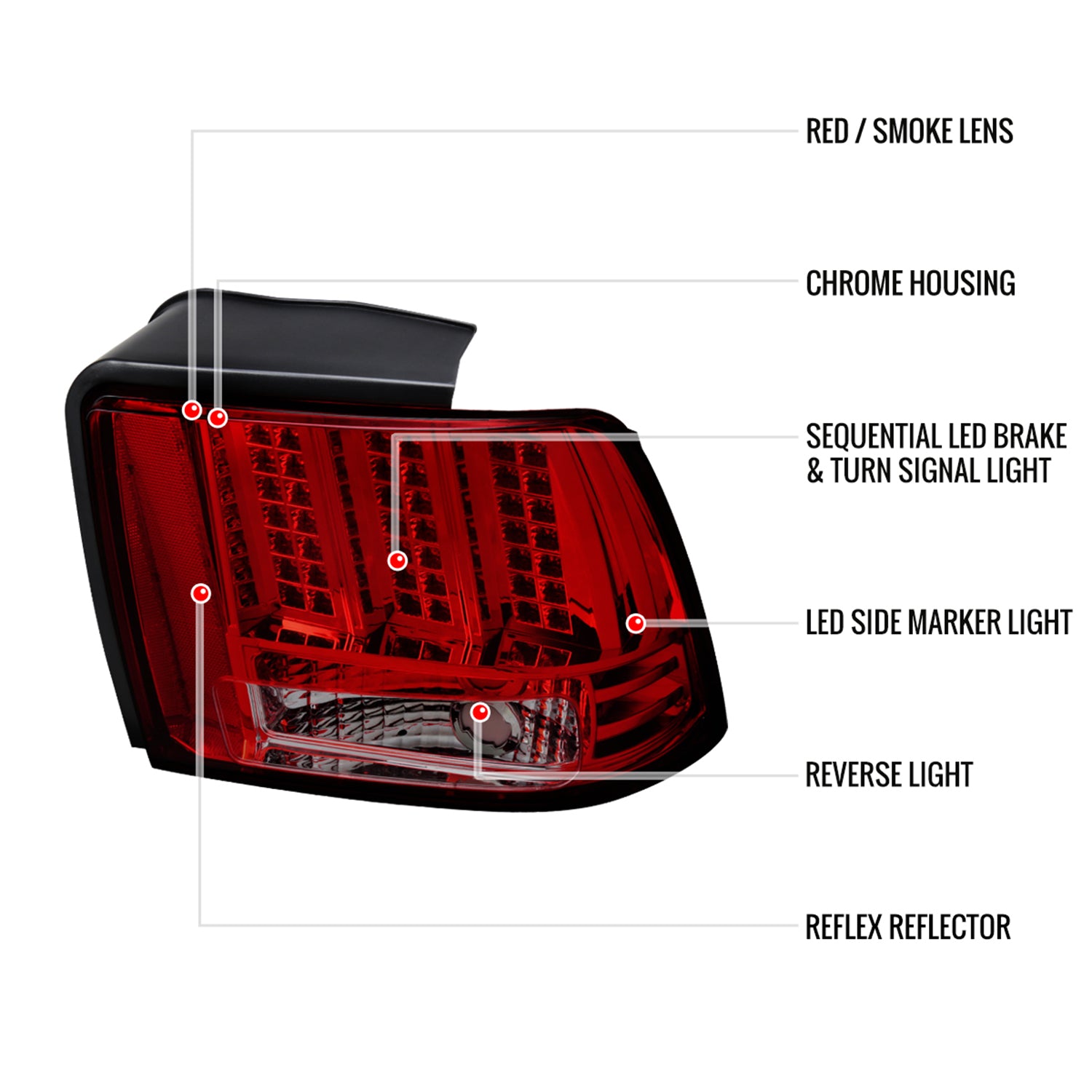 1999-2004 Ford Mustang Sequential LED Tail Lights - RS Chrome/Red Smoke Lens
