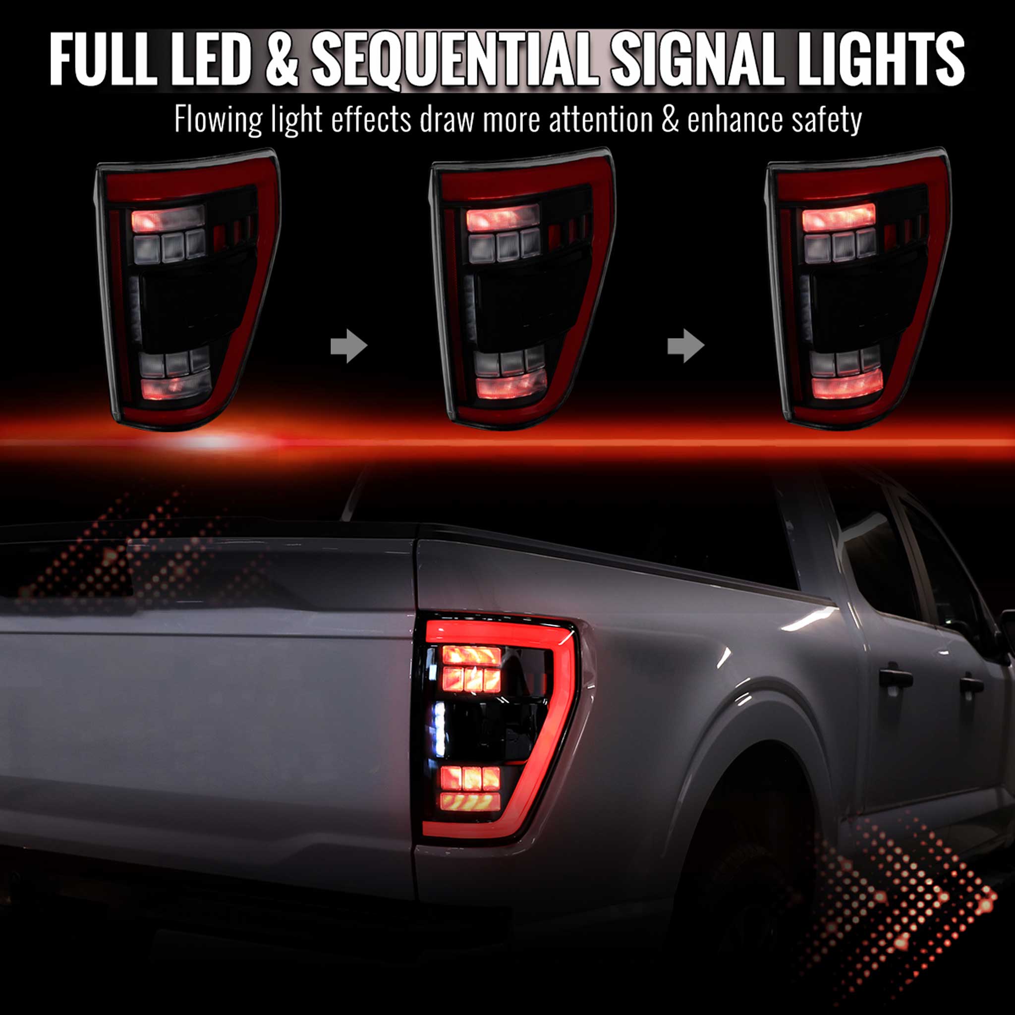 For Ford F-150 2021-2023 Full LED Tail Light Halogen Bulb Type Blind Spot Model Matte Black Red Light Bar