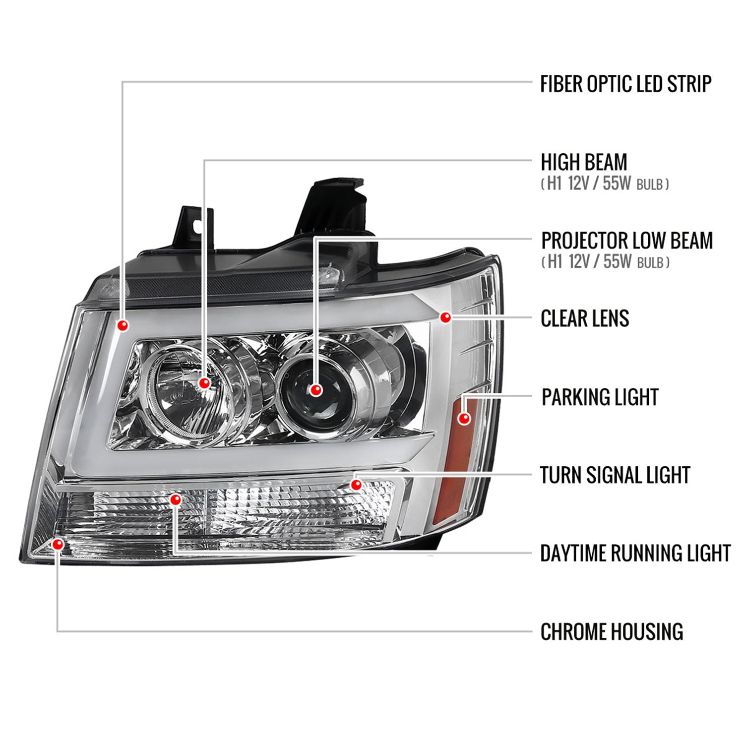 2007-2013 Chevy Avalanche/ 07-2014 Tahoe Suburban LED C-Bar RS Headlights Chrome