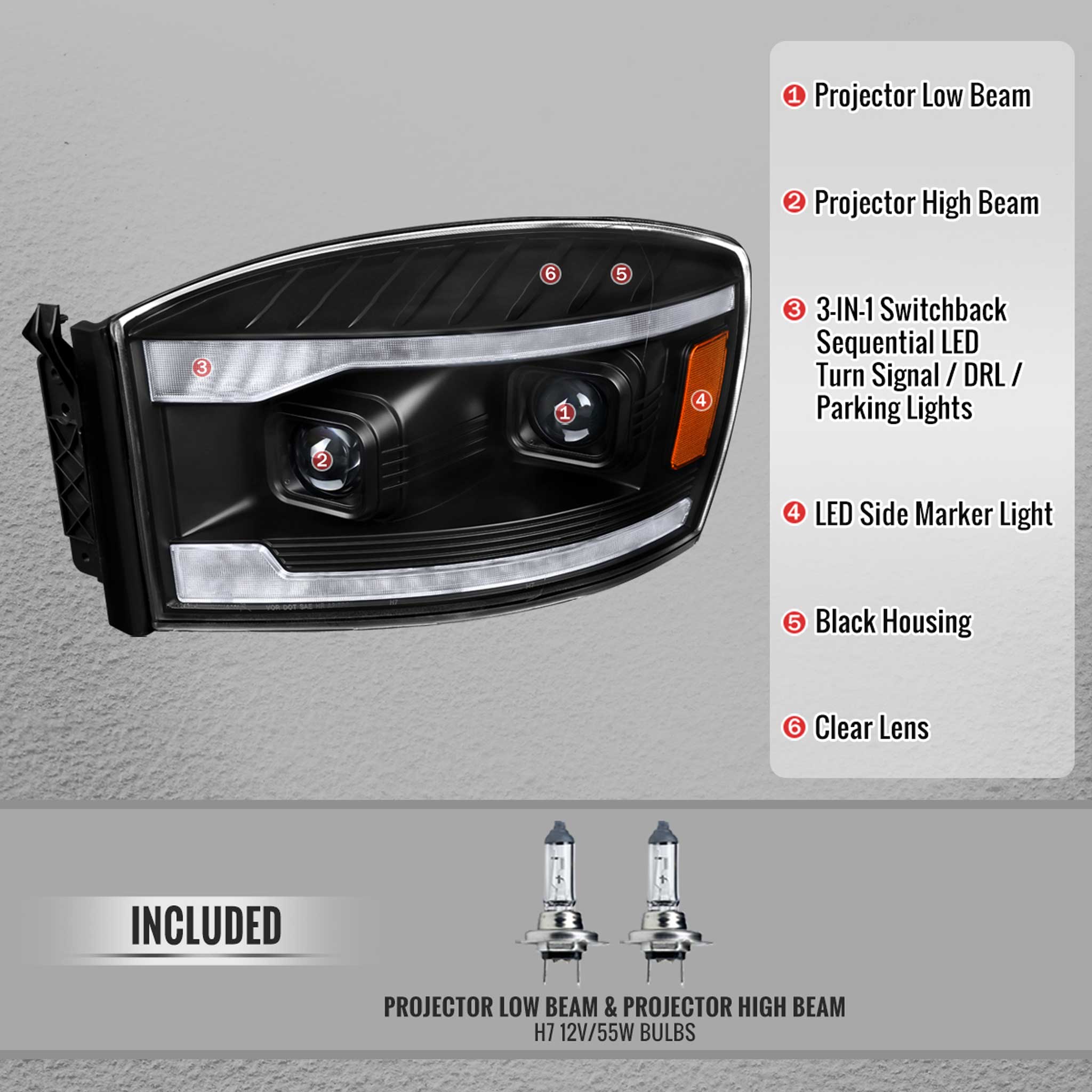 For Dodge RAM 1500 2006-08 / RAM 2500 3500 2006-09 Headlights Switchback Amber LED Strips Turn Signals DRL Black Housing Clear Lens