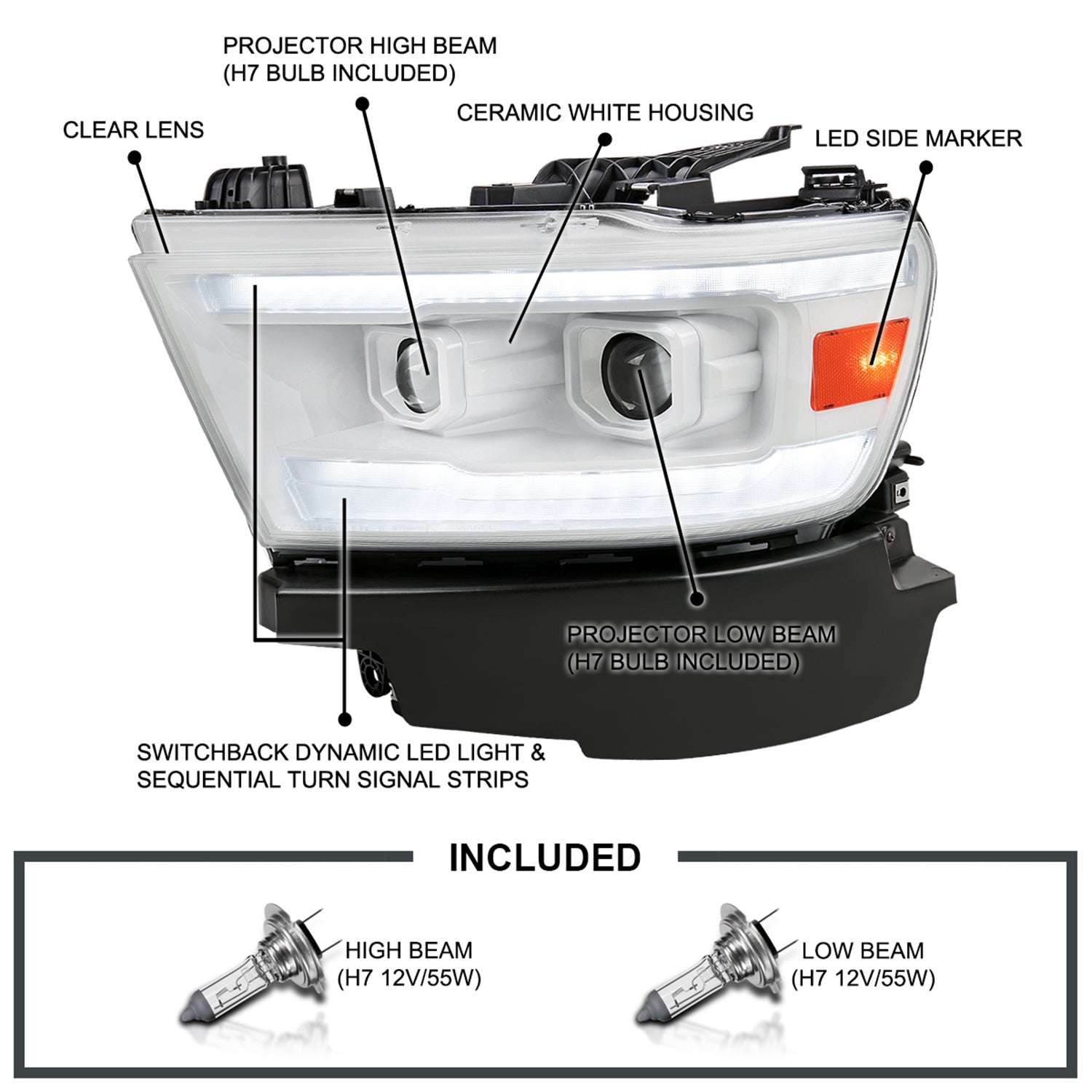 2019-2024 Dodge RAM 1500 LED Turn Signal Projector Headlights White Housing