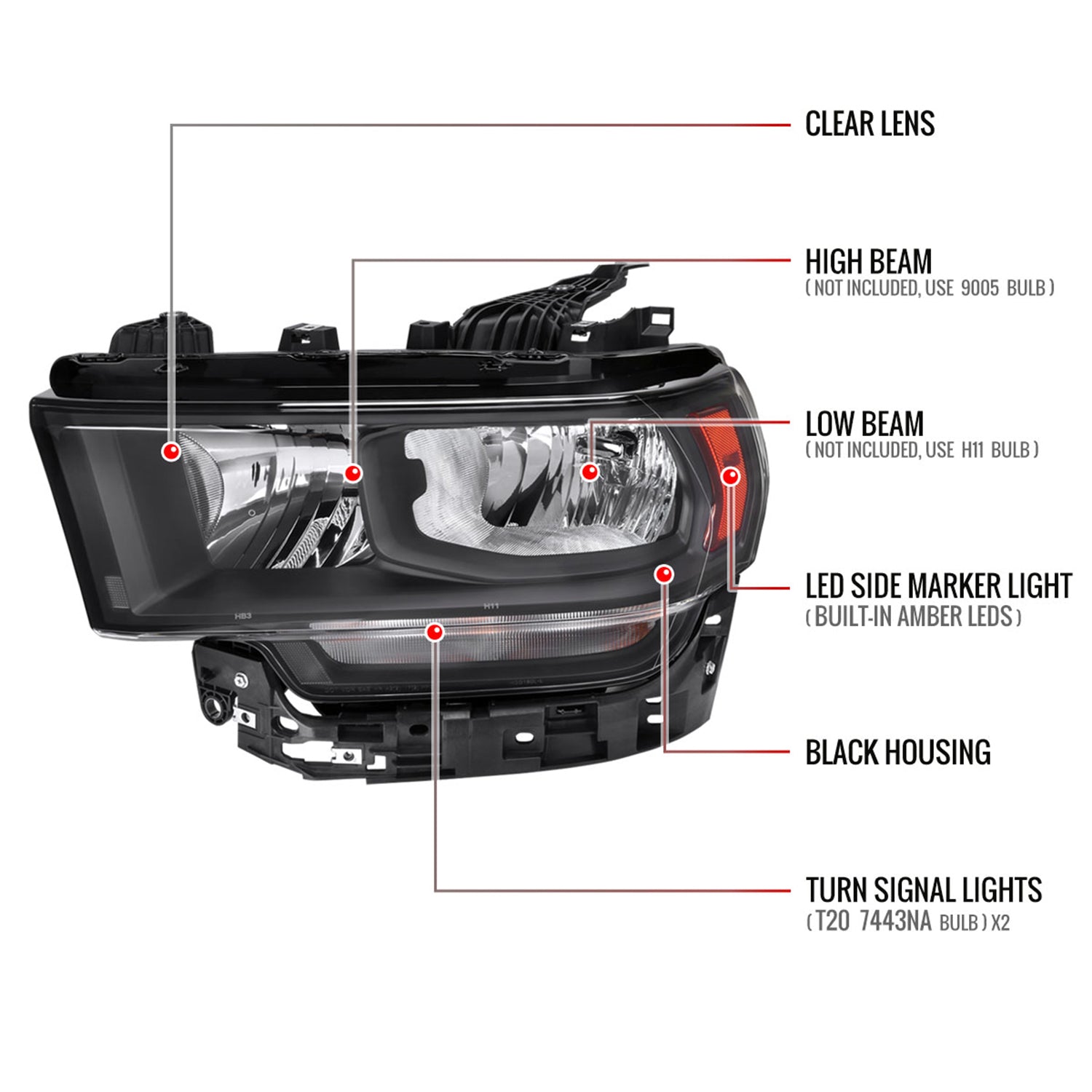 2019-2024 Dodge RAM 2500/3500/4500/5500 Factory Headlights Matt Black/Clear