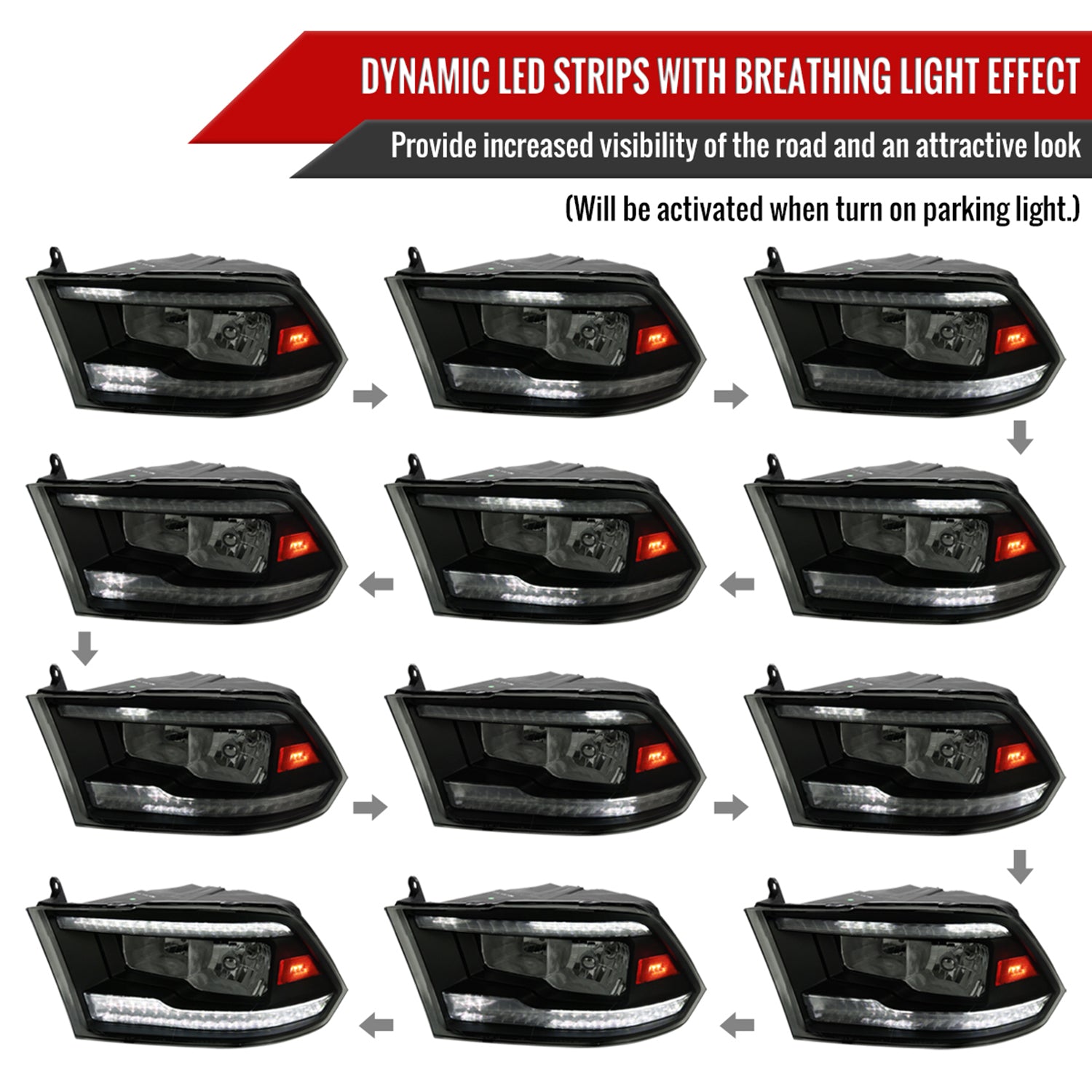 2009-2018 Dodge RAM 1500/ RAM 2500 3500 Dual LED Bar Factory Headlights Black