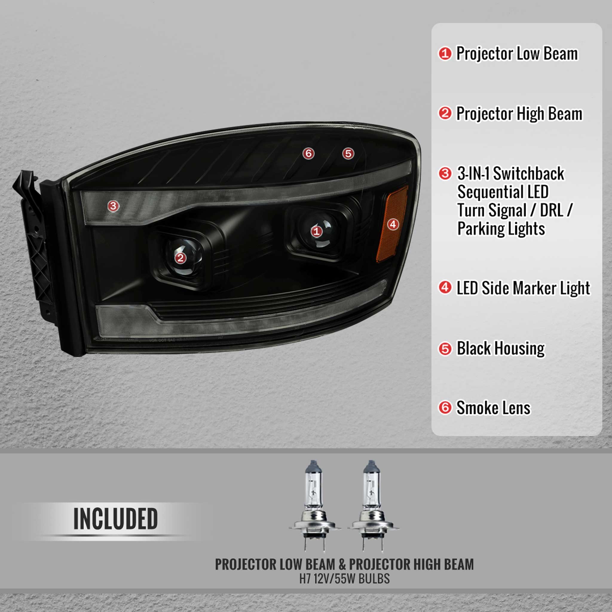 For Dodge RAM 1500 2006-08 / RAM 2500 3500 2006-09 Headlights LED Strip Turn Signal DRL Startup Animation Black Housing Smoked Lens