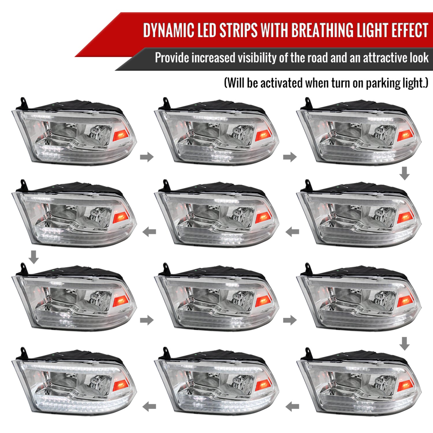 2009-2018 Dodge RAM 1500/ RAM 2500 3500 Dual LED Bar Factory Headlights Chrome