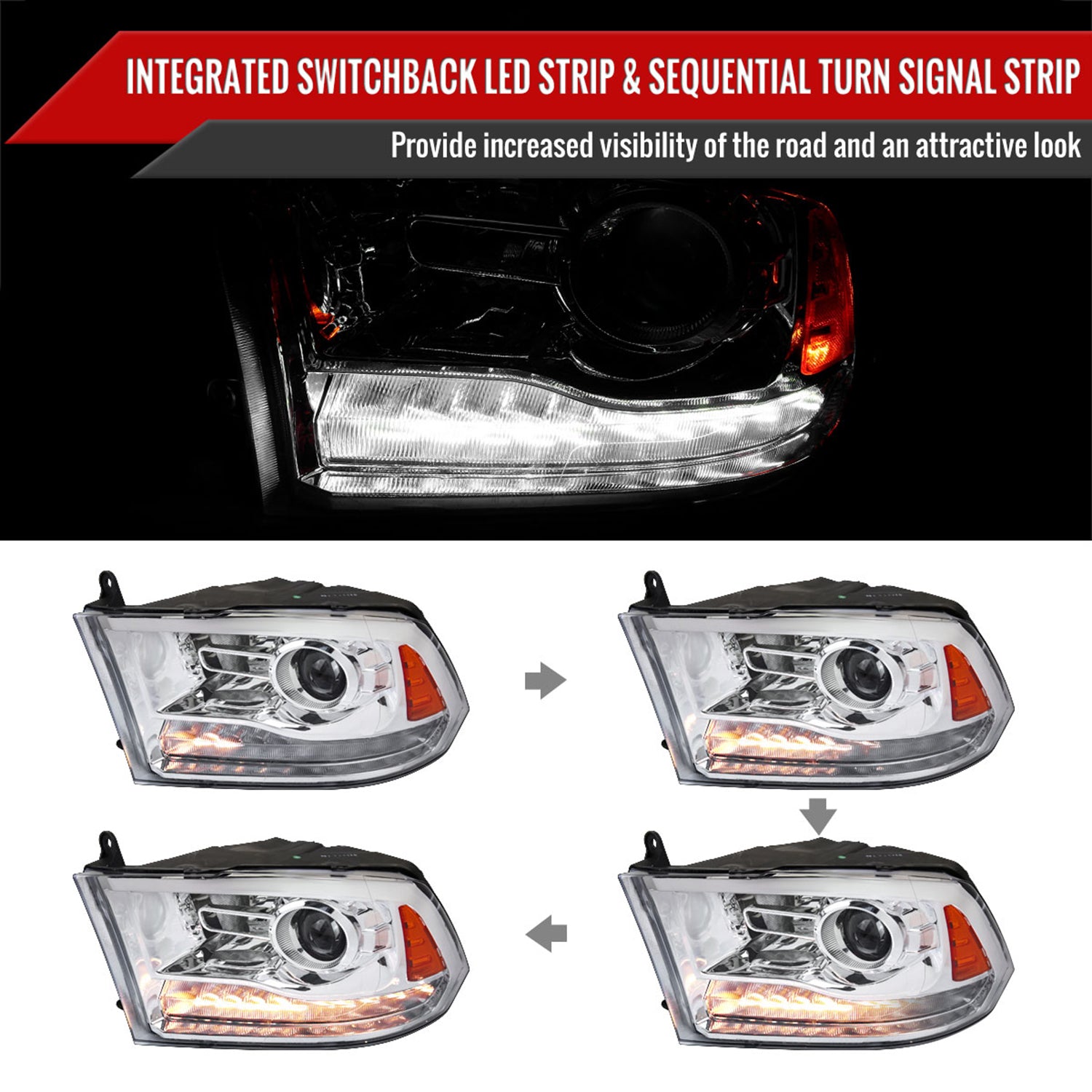 2009-2018 Dodge RAM 1500 / RAM 2500 3500 LED Bar Headlights Chrome