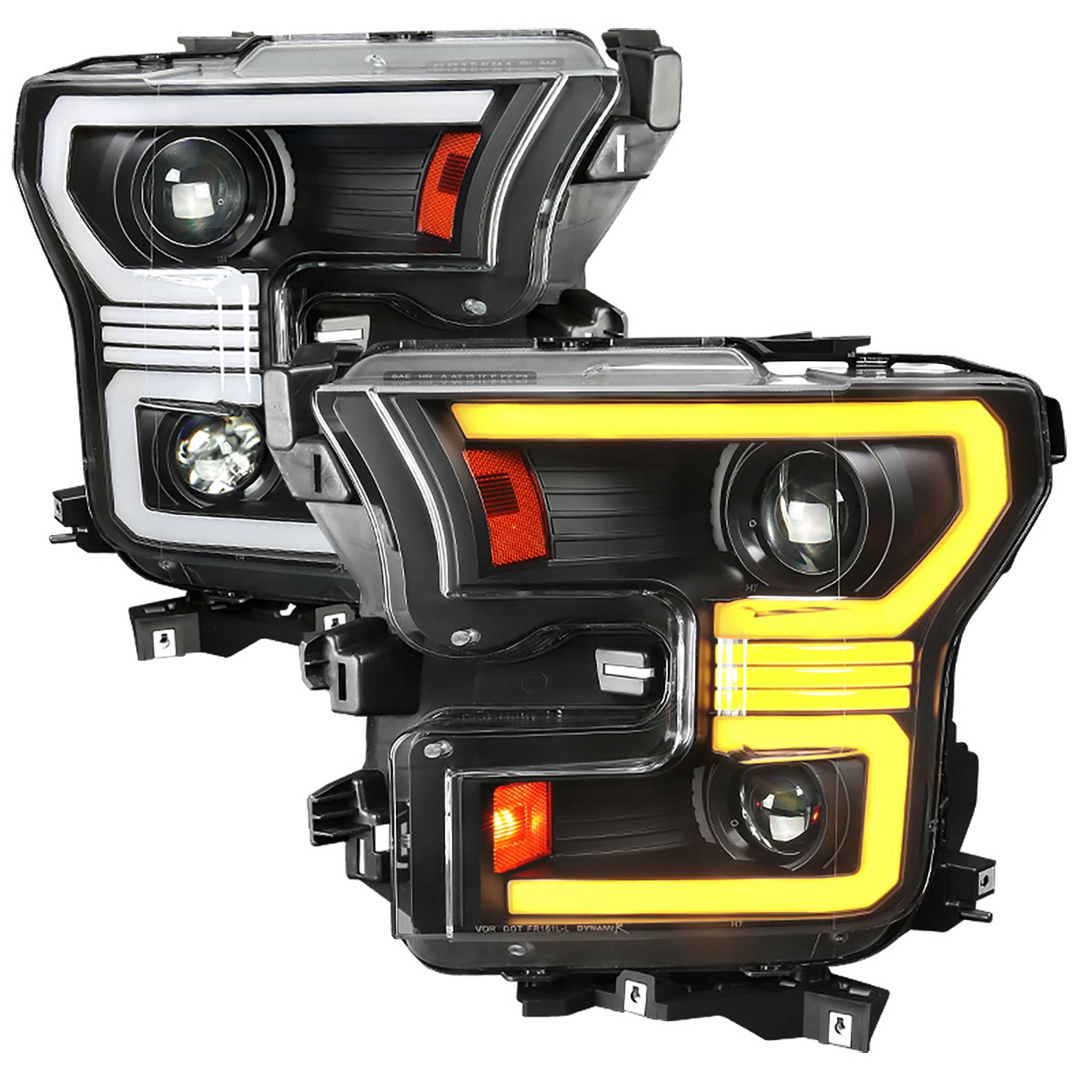 For Ford F-150 2015-2017 LED Bar Headlights Turn Signals Amber LED Pulsing Glow Black Housing Clear Lens