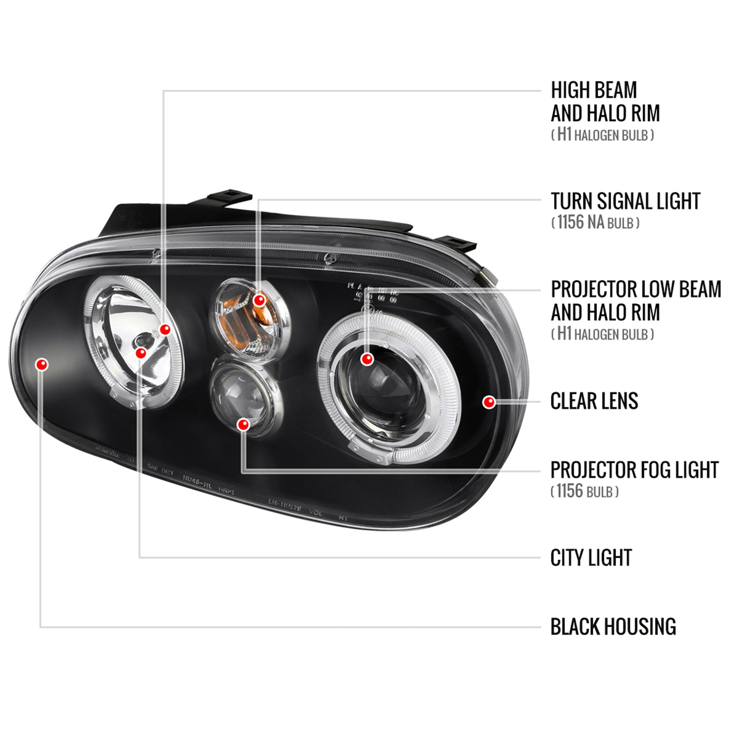 1999-2006 VW Golf Mk4 GTI/R32 Cabrio Dual Halo Projector Headlights Matt Black