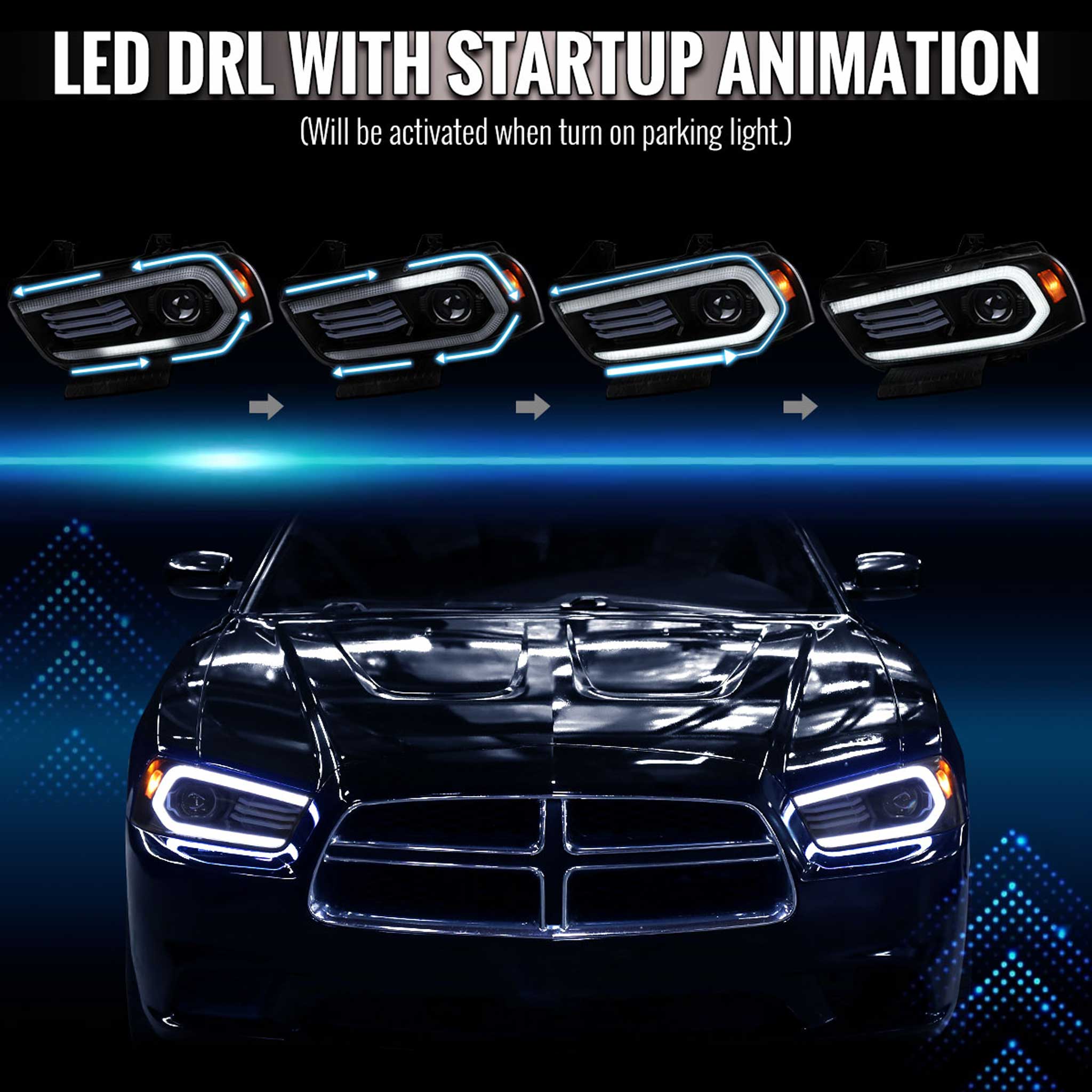 For Dodge Charger 2011-2014 Headlights LED DRL Light Strip Turn Signal Side Marker Black Housing Clear Lens