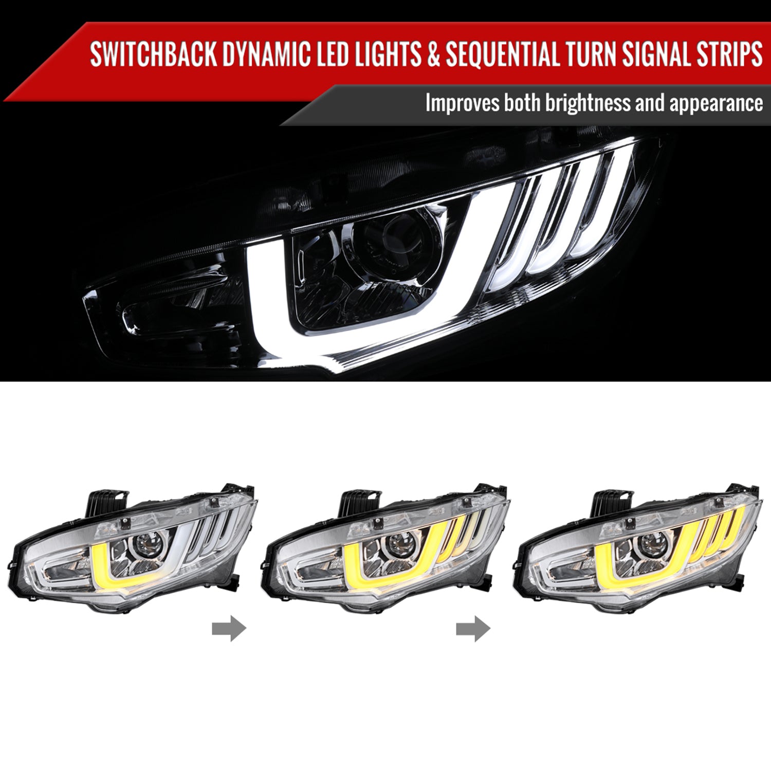 2016-2021 Honda Civic Projector Headlights LED Sequential Turn Signal Chrome