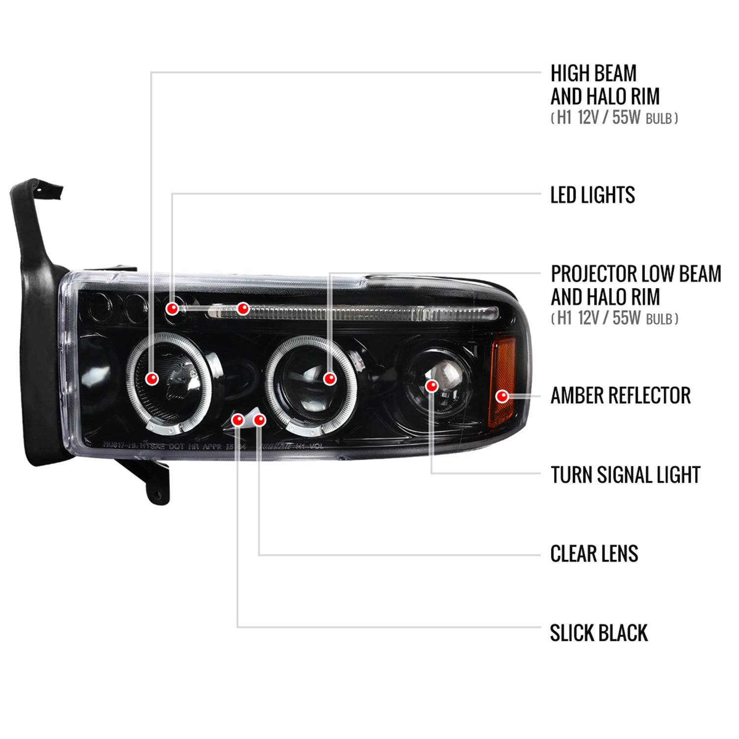 1994-2001 Dodge RAM 1500 2500 3500 Dual Halo Projector Headlights Jet Black