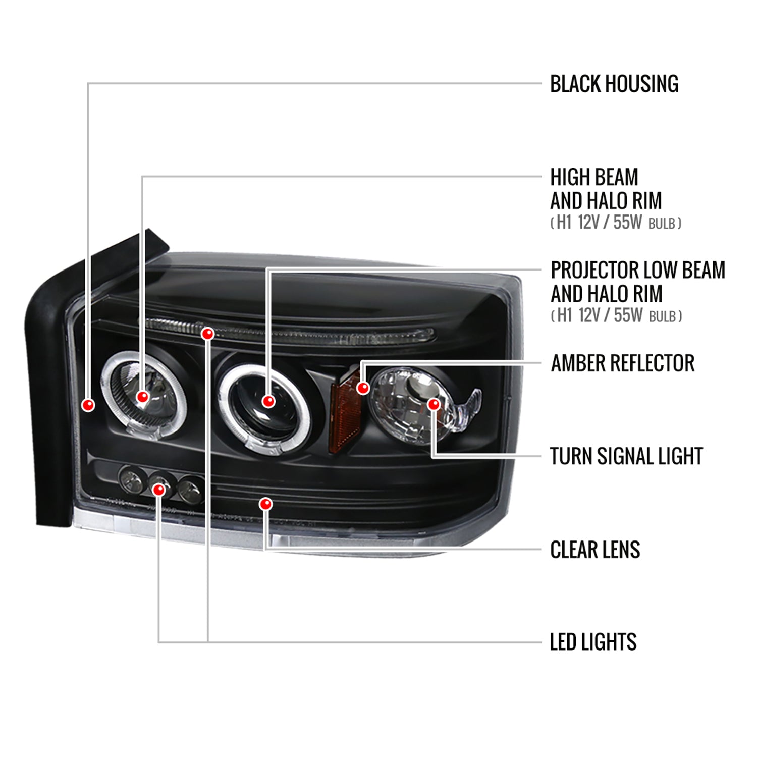 2005-2007 Dodge Dakota Dual Halo Projector Headlights Matte Black/Clear Lens