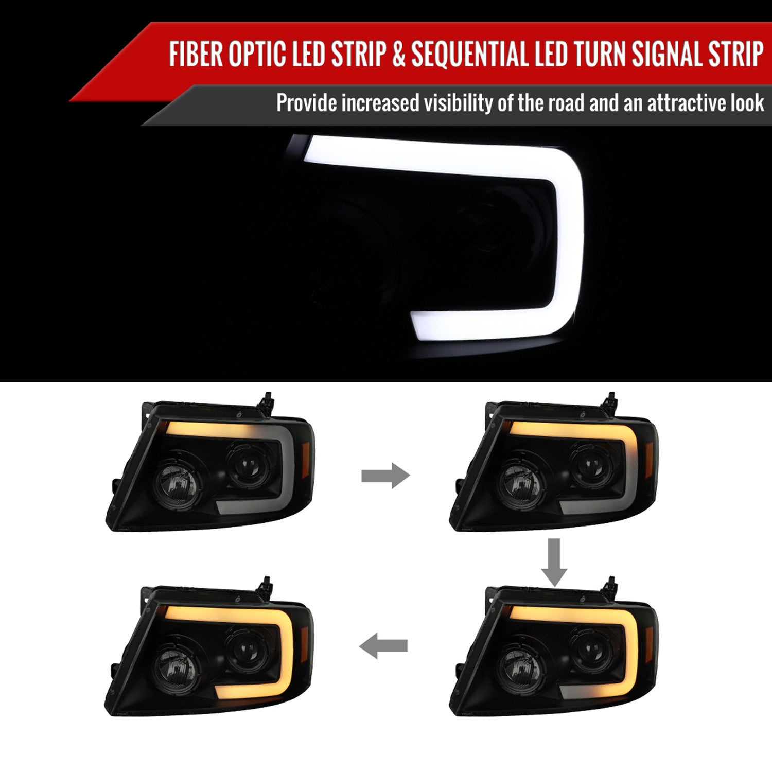 2004-2008 Ford F-150/Lincoln Mark LT LED CBar Projector Headlights Black&Smoke