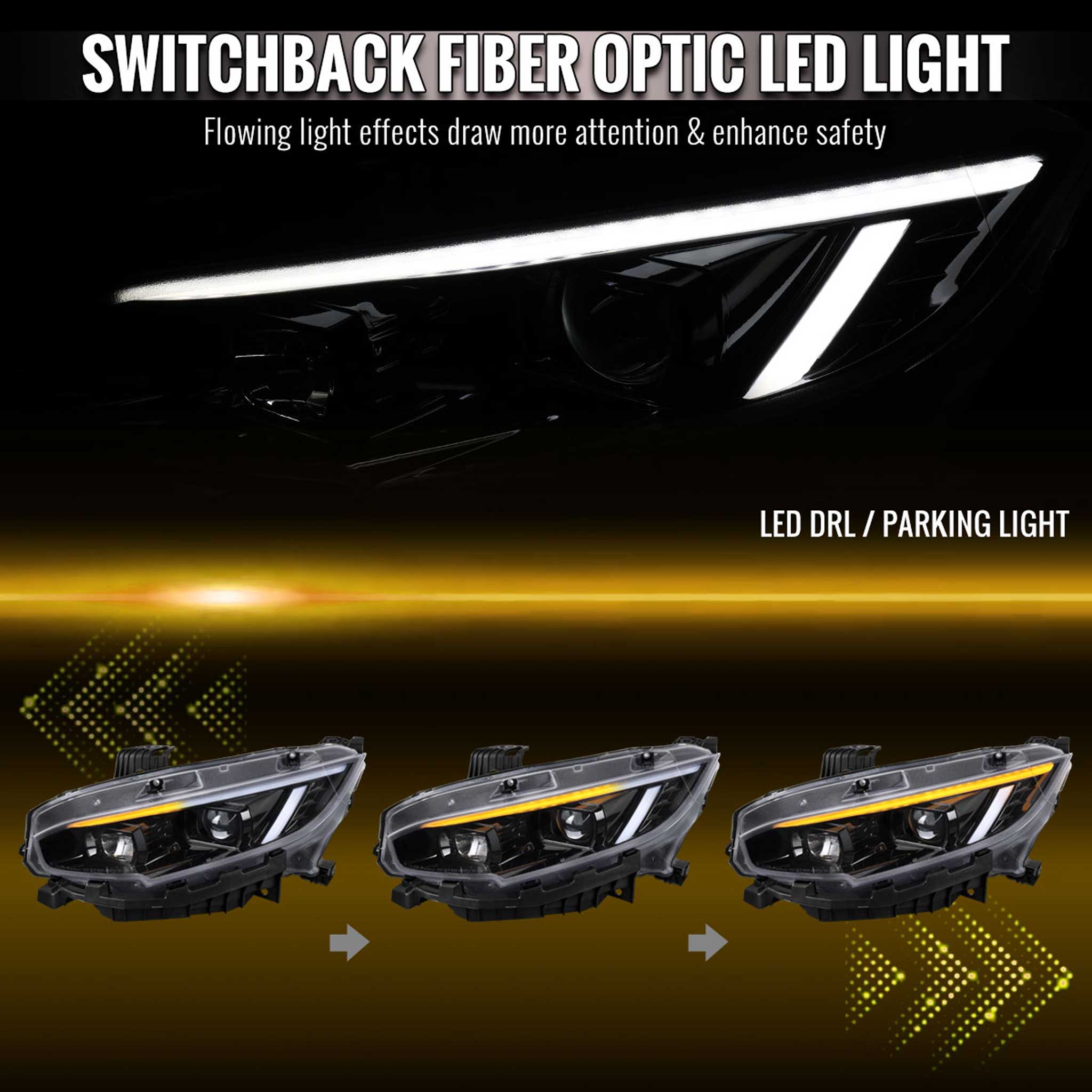 For Honda Civic 2016-2021 Projector Headlights Sequential DRL Jet Black Housing Clear Lens