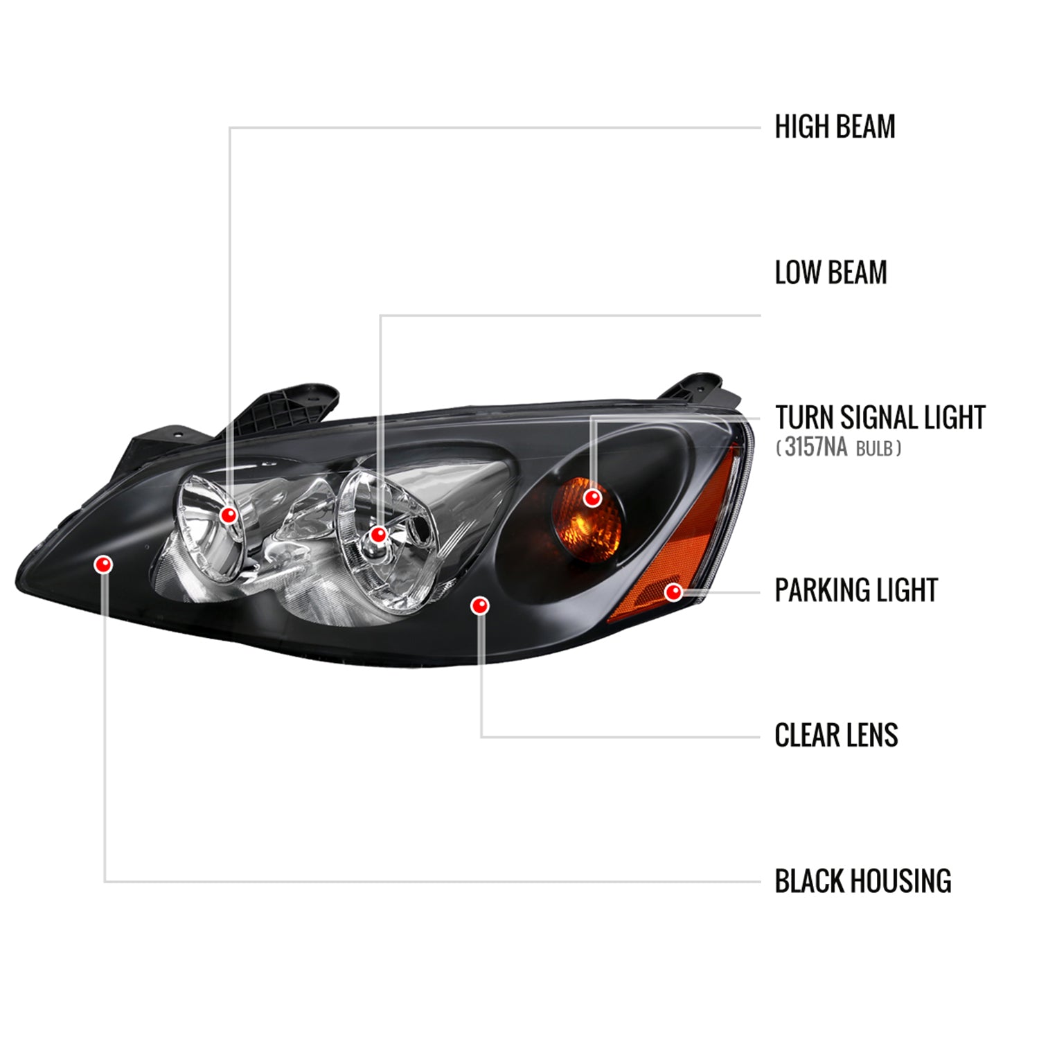 2005-2010 Pontiac G6 Factory Headlights w/Amber Reflectors Matt Black/Clear