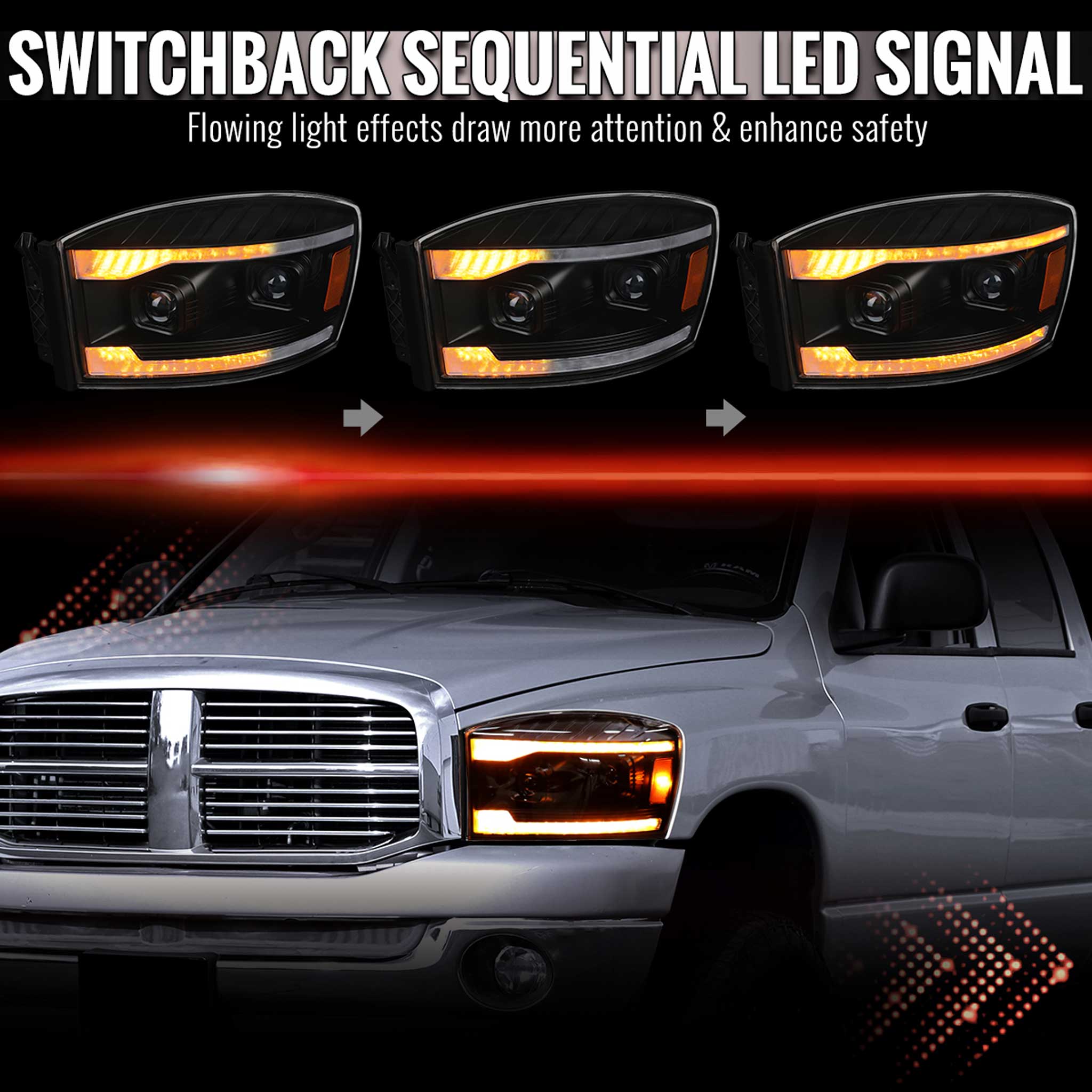 For Dodge RAM 1500 2006-08 / RAM 2500 3500 2006-09 Headlights Switchback Amber LED Strips Turn Signals DRL Black Housing Clear Lens