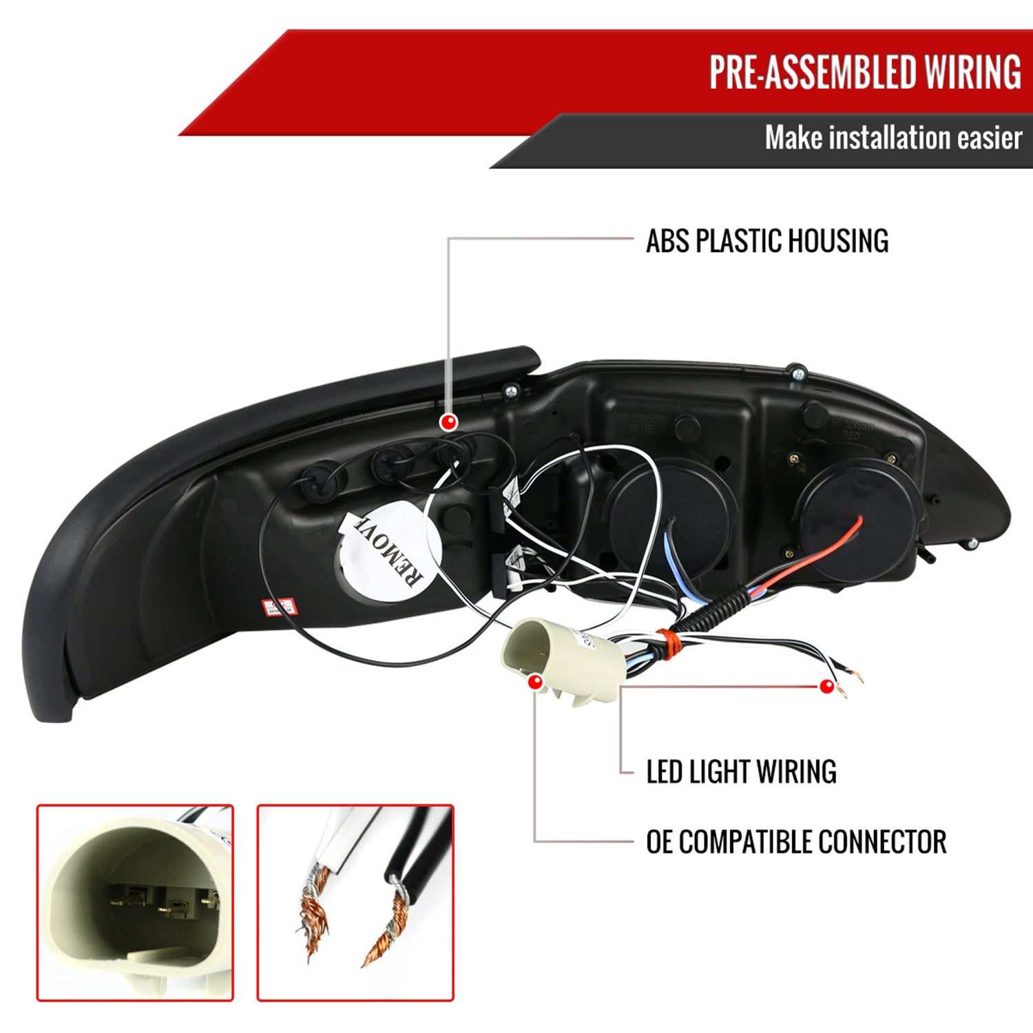 1994-1998 Ford Mustang Dual Halo V2 Projector Headlights Glossy Black/Smoke
