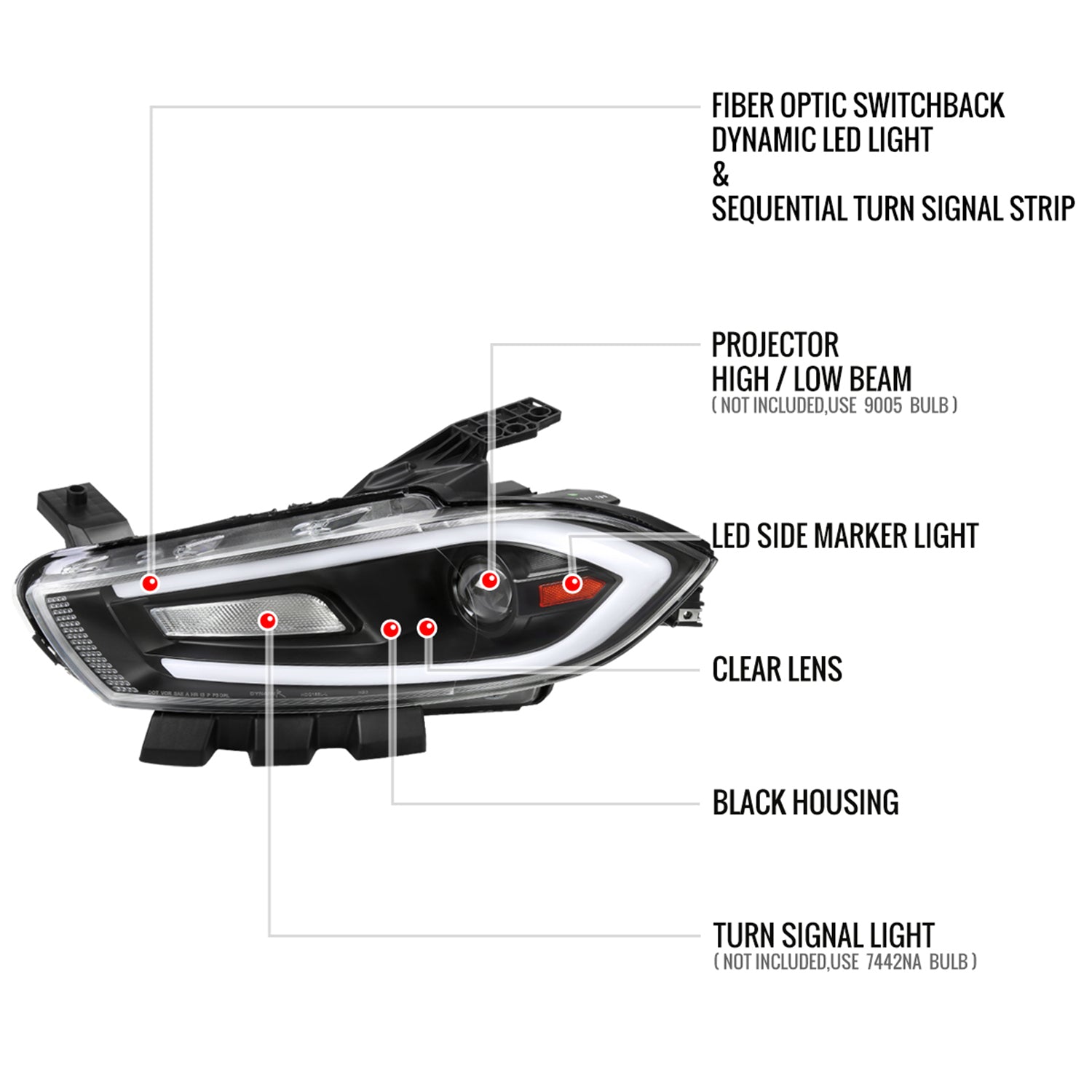 2013-2016 Dodge Dart Sequential Animated LED Bar Projector Headlights Black