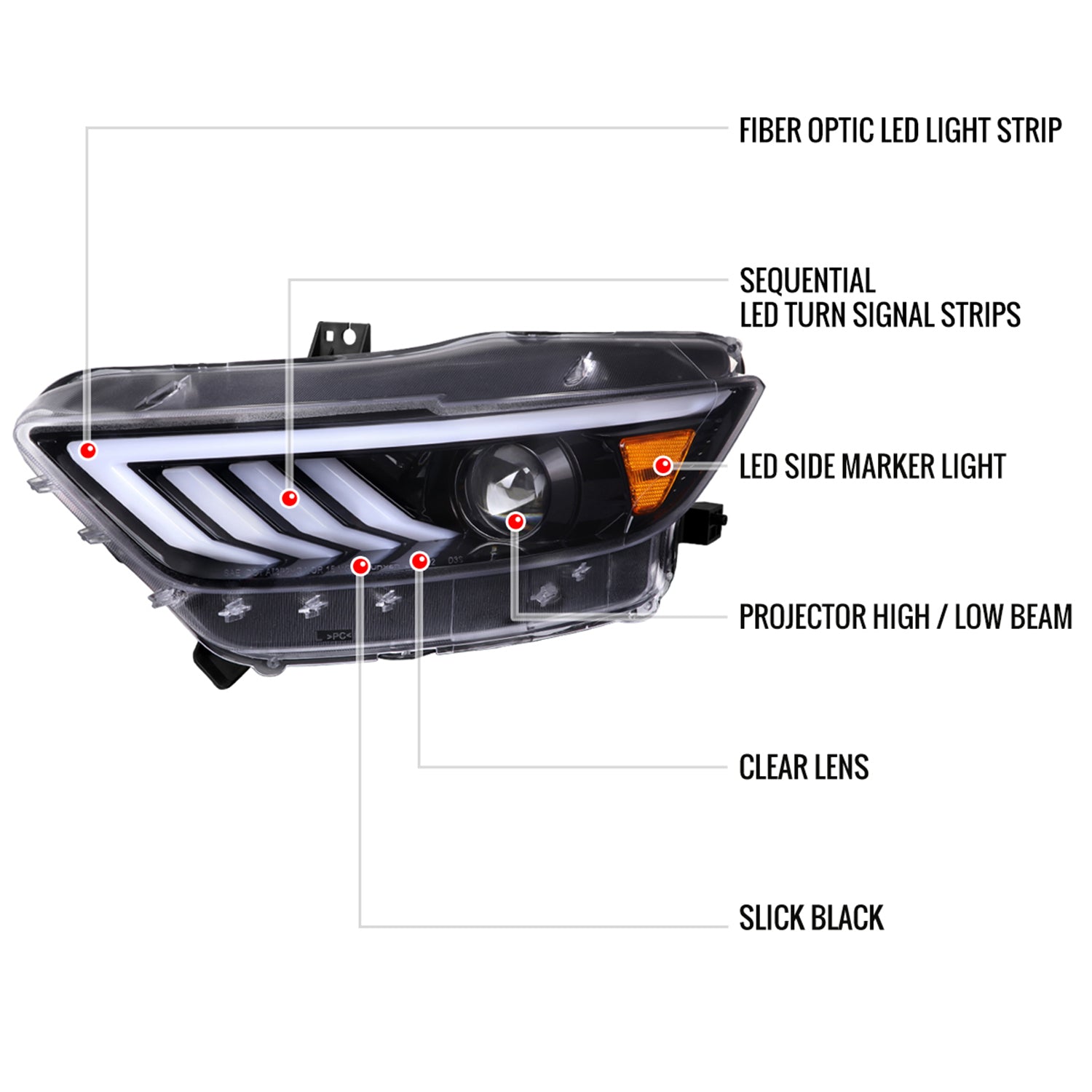 2015-2017 Ford Mustang HID-Type LED Signal Projector Headlights Jet Black
